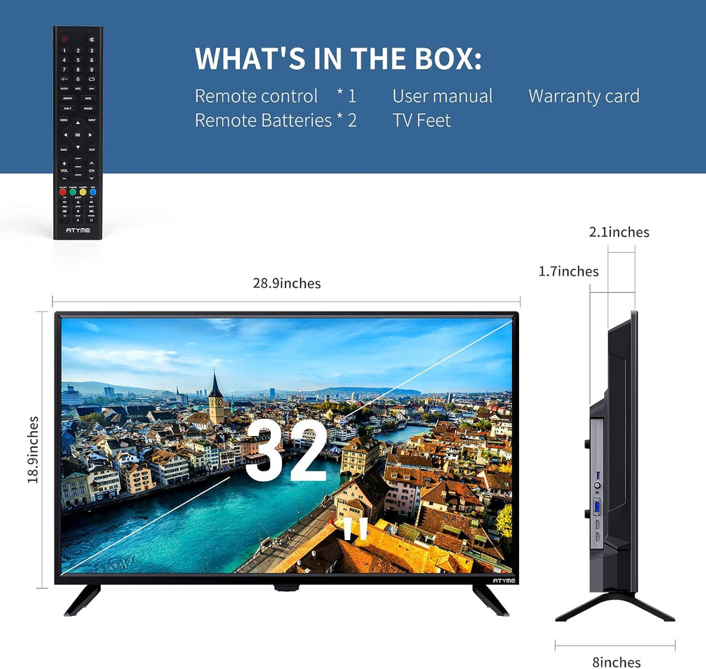 ATYME 32-inch Class 60Hz 720p HD LED TV Flat Screen 1*USB 3* HDMI 1*VGA ARC Dual Channel 8W Speakers Monitor Television Non-Smart Television 320GM5HD