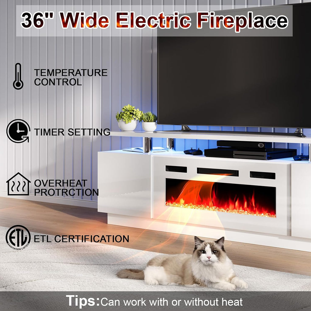 AMERLIFE Entertainment Center with 2-Tier Fireplace TV Stand, 2 x Modern High Gloss Bookshelves with LED Lights & Glass Doors, White
