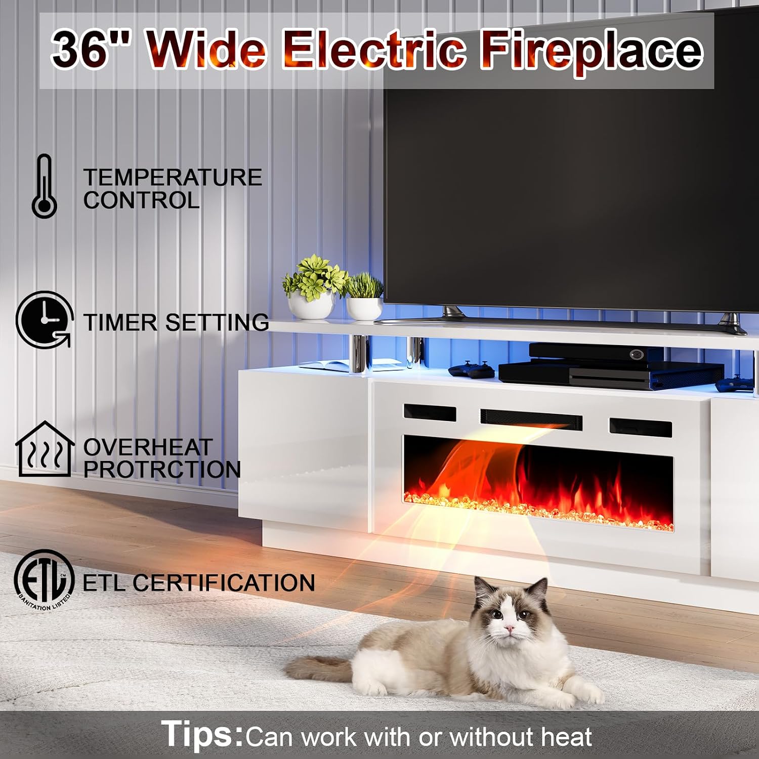 AMERLIFE Entertainment Center with 2-Tier Fireplace TV Stand, 2 x Modern High Gloss Bookshelves with LED Lights & Glass Doors, White