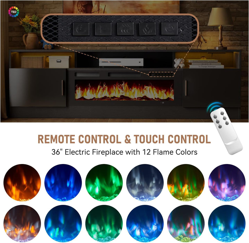 MXV 70' Fireplace TV Stand with Power Outlet for TVs UP to 80', Electric Fireplace Entertainment Center with LED Lights & Storage Cabinets, TV Console for Living Room, Office, Black-Black