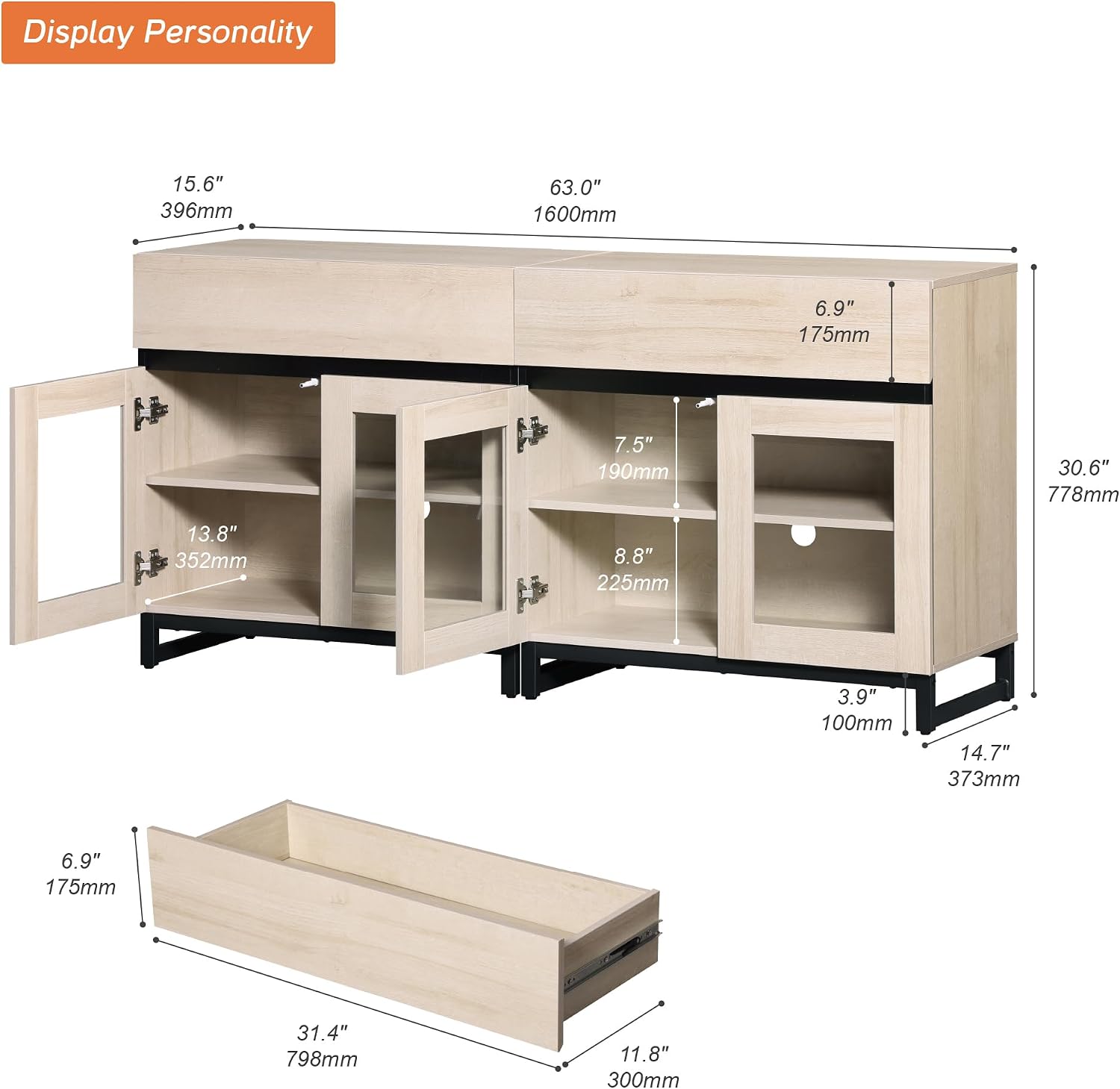 WAMPAT Modern TV Stand with Glass Doors for 40-70 inch TVs, 2 in 1 Entertainment Center Console with 2 Drawers and Metal Base for Living Room, Bedroom, Beige