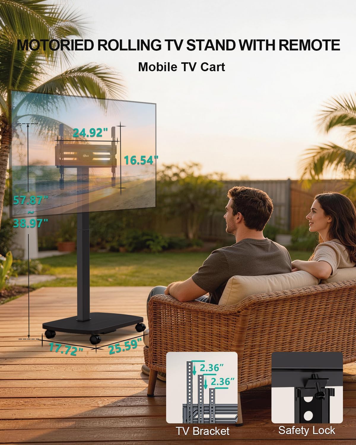 WALI Motorized Rolling TV Stand Lift on Wheels, Electric Height Adjustable Television Stand Mount with Remote for 30-75' TVs up to 110 lbs, Mobile TV Cart with Wood Base for Bedroom(TVDVD-7ER), Black