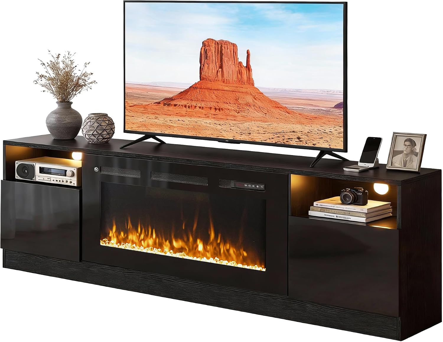 80' Fireplace TV Stand with 36' Electric Fireplace, LED Light Entertainment Center for TVs Up to 90', High-Gloss Door, Modern TV Console for Living Room with Storage Cabinet, Black+Black