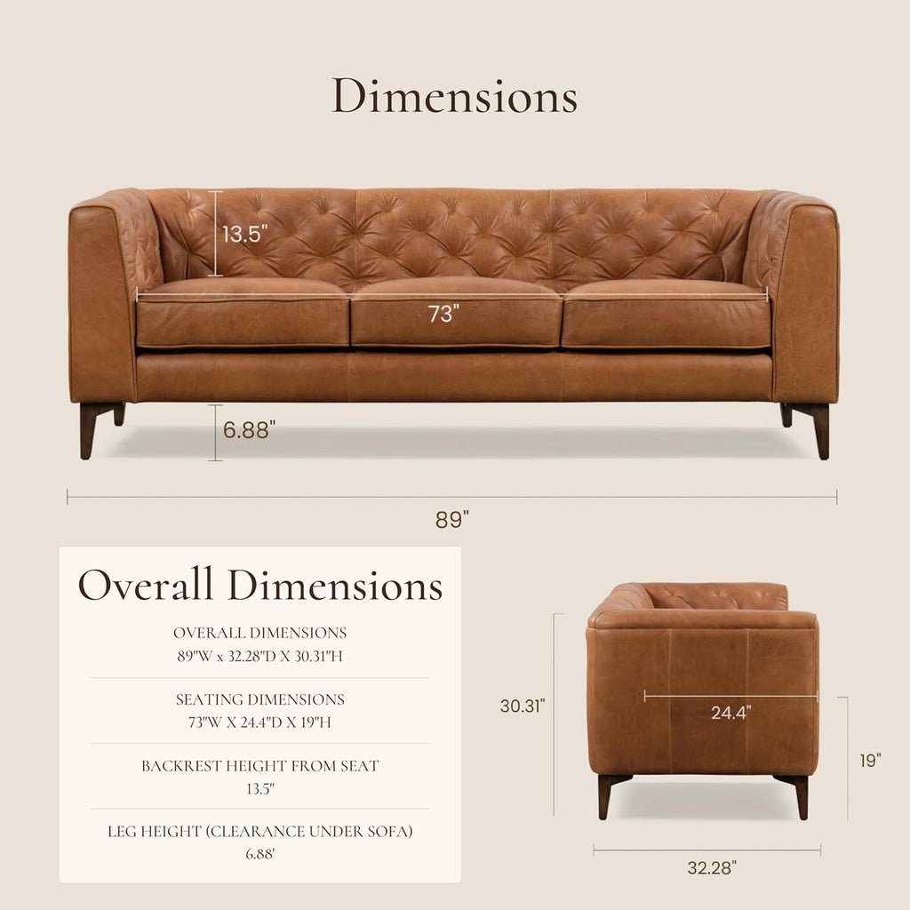 POLY & BARK Essex 89' Full-Grain Italian Leather Sofa – Tufted Back, Feather-Down Comfort, Solid Wood Frame, Cognac Tan