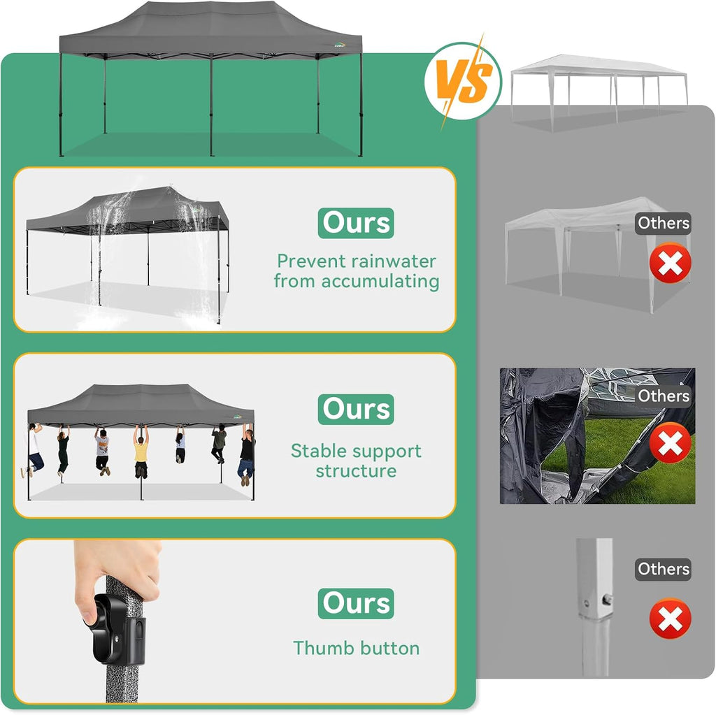 COBIZI 10x20 Heavy Duty Pop Up Canopy Tent with 6 Sidewalls Thicken Frame, Commercial Easy Up Outdoor Wedding Party Tents, All Season Waterproof Windproof with Stakes Sandbags Ropes Roller Bag, Gray