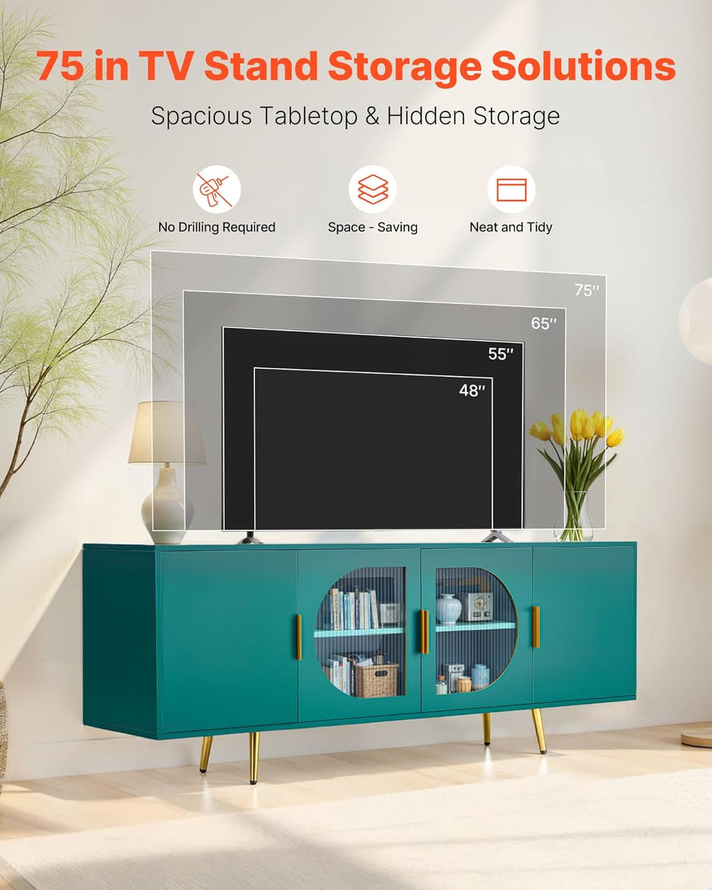 VEVOR TV Stand for TVs up to 75 inch, Modern Entertainment Center with Glass Doors and Gold Legs, TV Storage Cabinet with Adjustable Shelves, Wood Media Console for Living Room and Bedroom, Dark Green