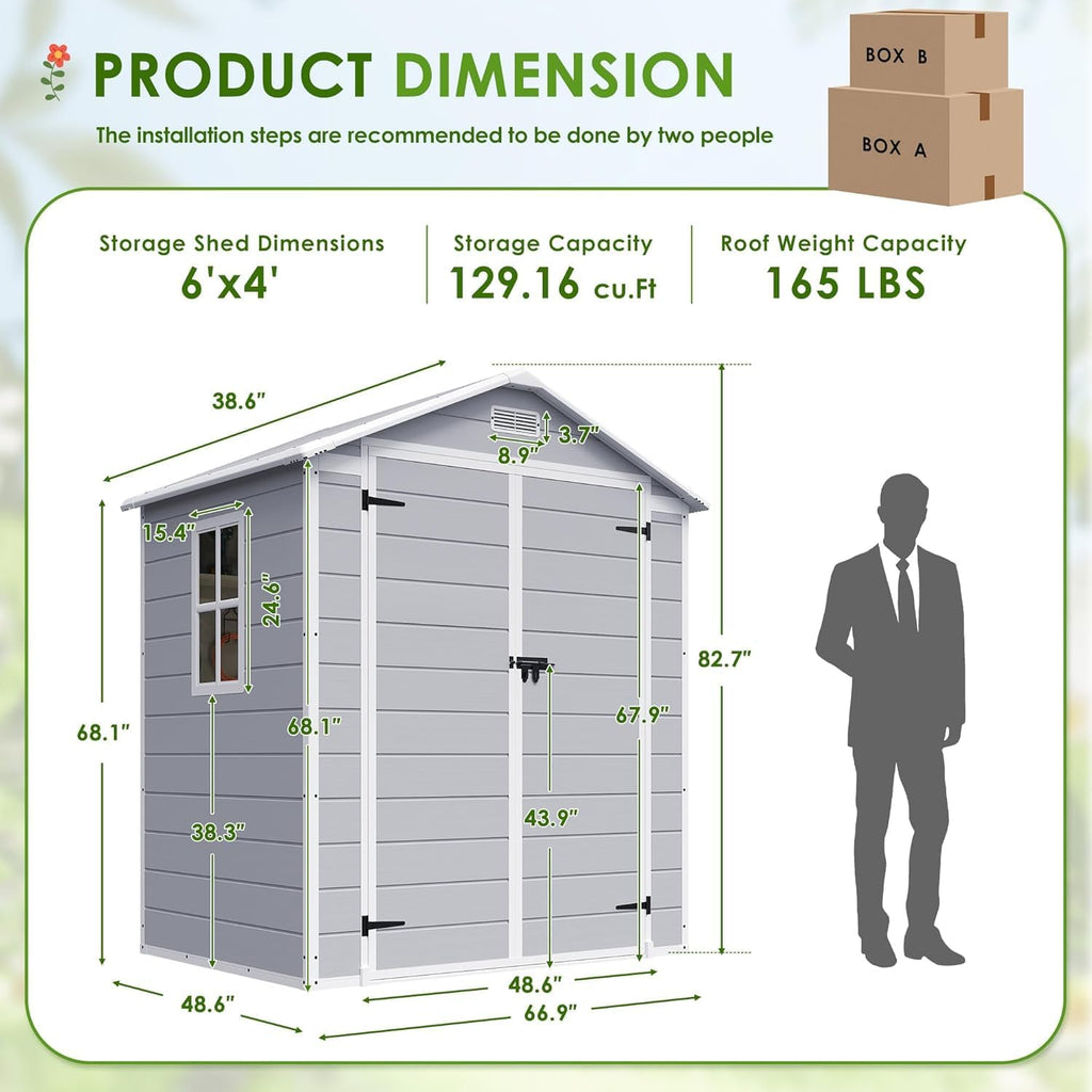 JUMMICO 6x4 FT Outdoor Storage Shed with Floor – Lockable Resin Garden Shed, Waterproof Plastic Tool Storage for Patio, Backyard & Lawn