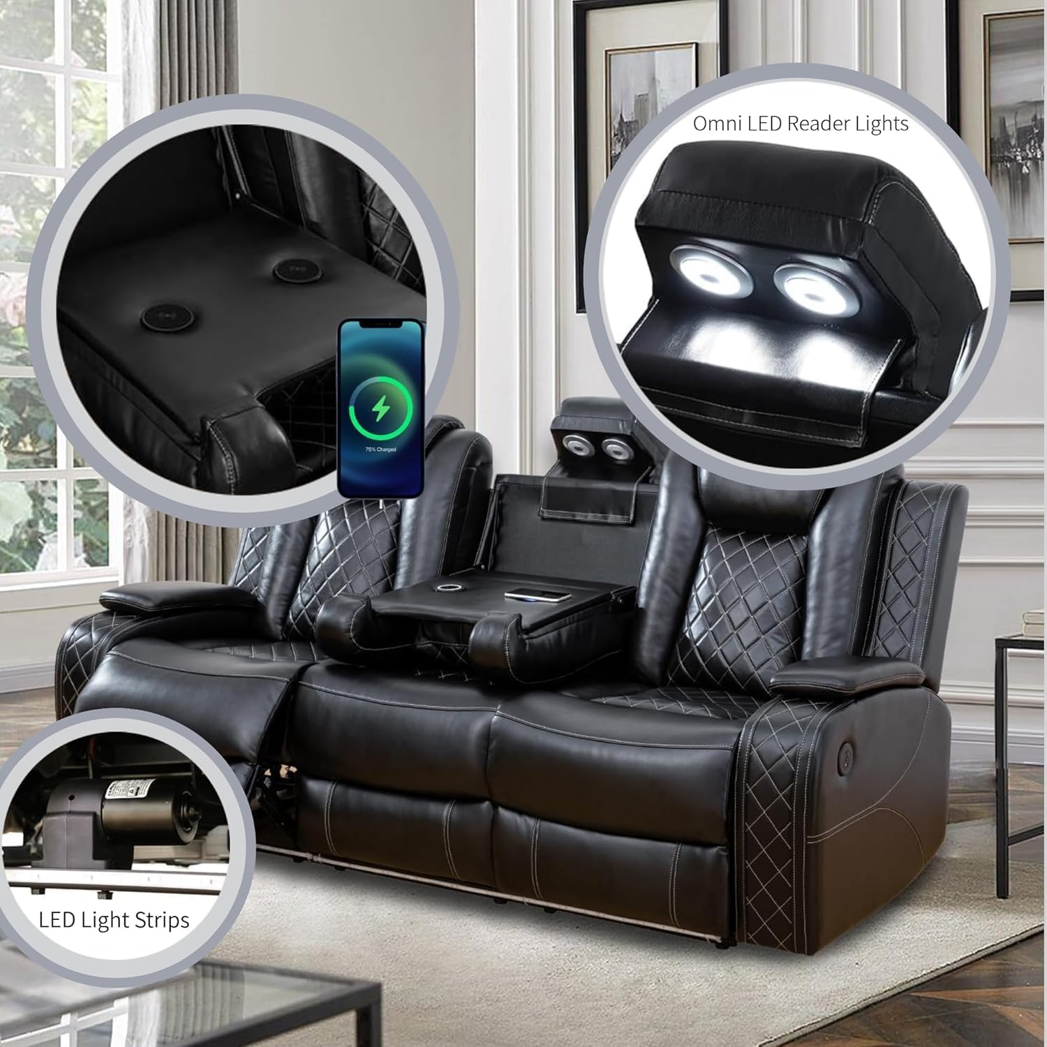 Power Recliner Set with LED Lights, Air Leather Reclining Set with USB Port/Wireless Charger/Storage Console/Cup Holder for House/HomeTheater/Apt (Black, Sofa Loveseat)