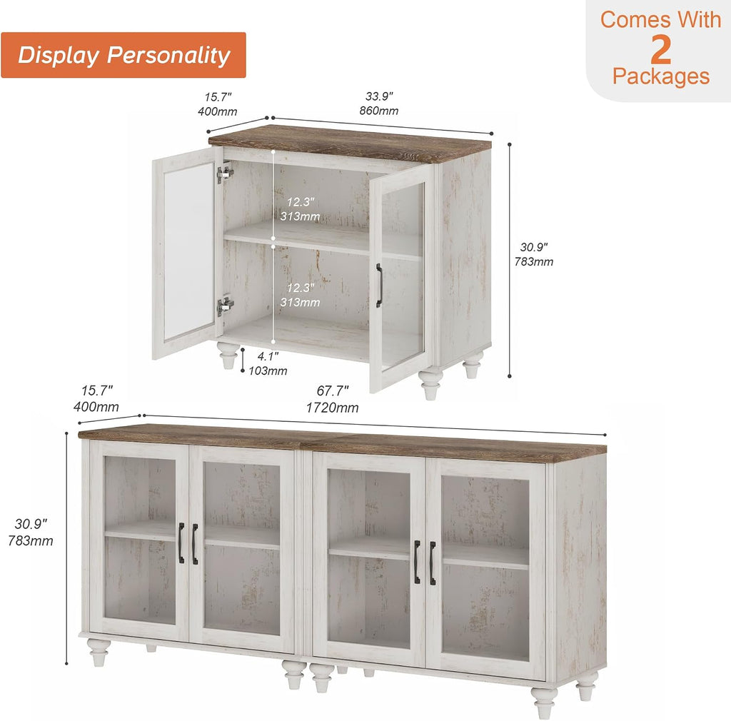 WAMPAT Farmhouse TV Stand for TVs Up to 75 inch, Glass Wooden Universal TV Stand with 2 Storage Cabinets, Entertainment Center, Console Table for Living Room, Bedroom, Rustic White