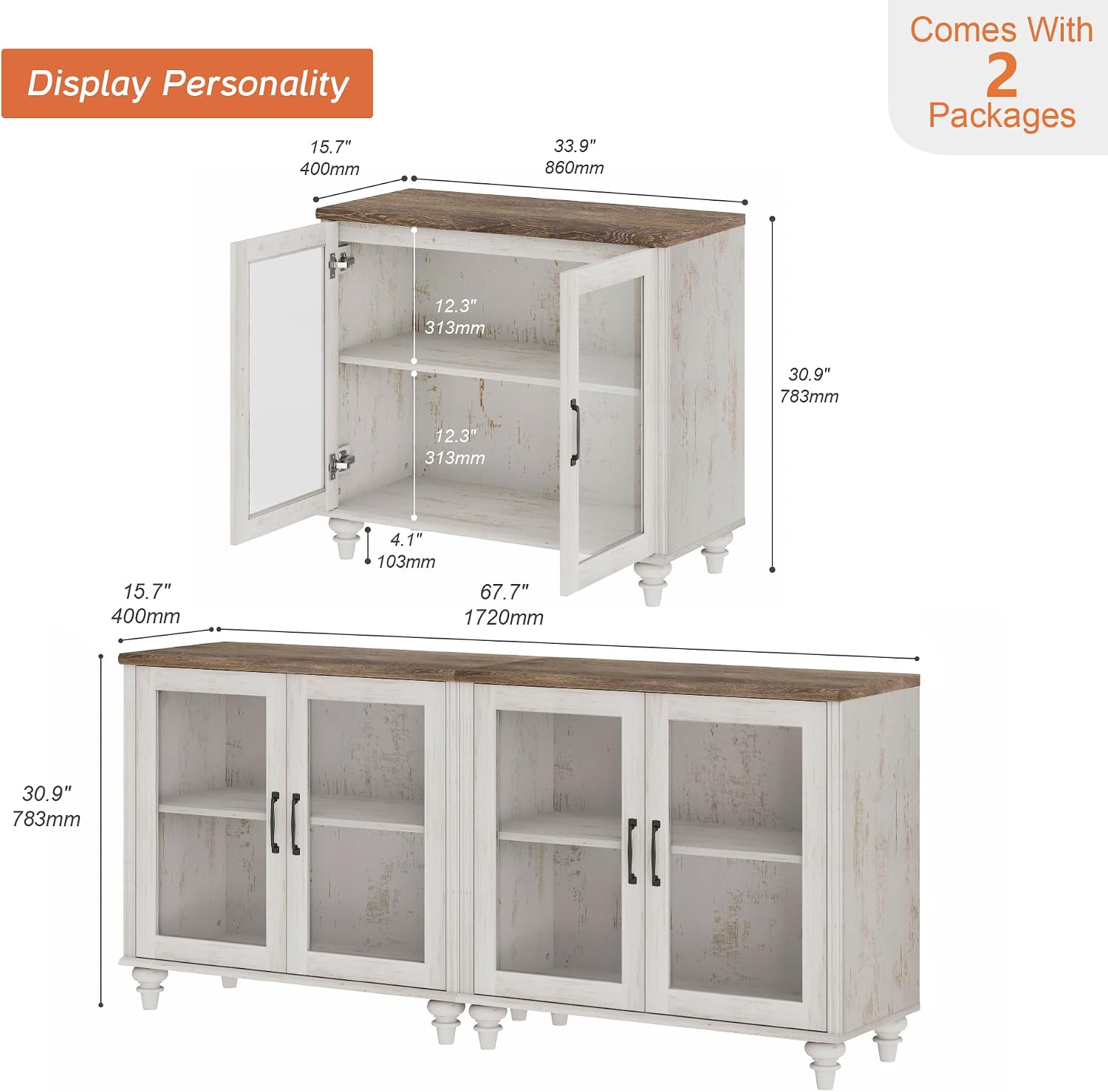 WAMPAT Farmhouse TV Stand for TVs Up to 75 inch, Glass Wooden Universal TV Stand with 2 Storage Cabinets, Entertainment Center, Console Table for Living Room, Bedroom, Rustic White
