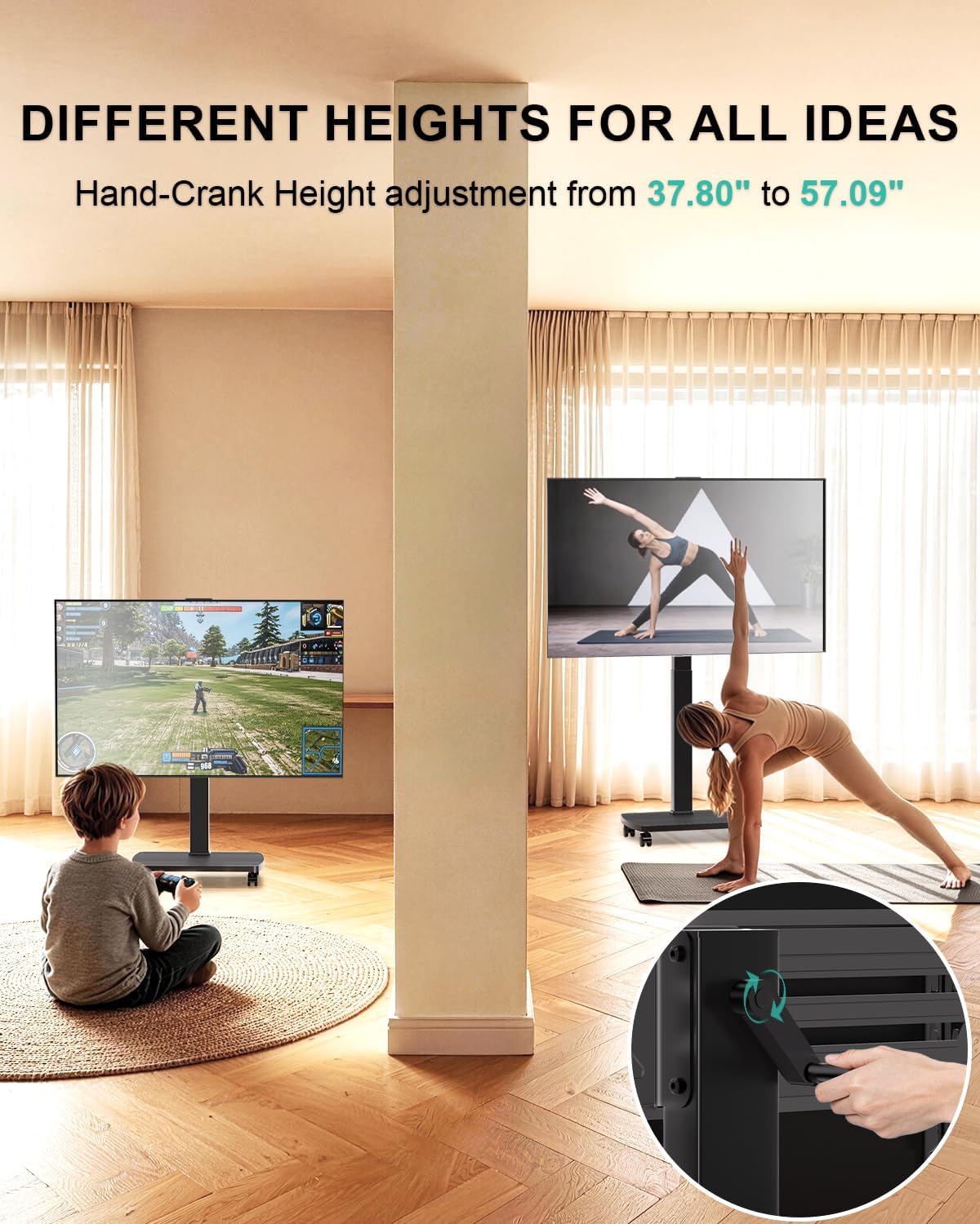 WALI Rolling TV Stand with Hand Crank Lift, Mobile Tall Television Stand Mount on Wheels for 30-70' TVs up to 110 lbs, Swivel Height Adjustable TV Cart with Wood Base for Bedroom(TVDVD-7MR), Black
