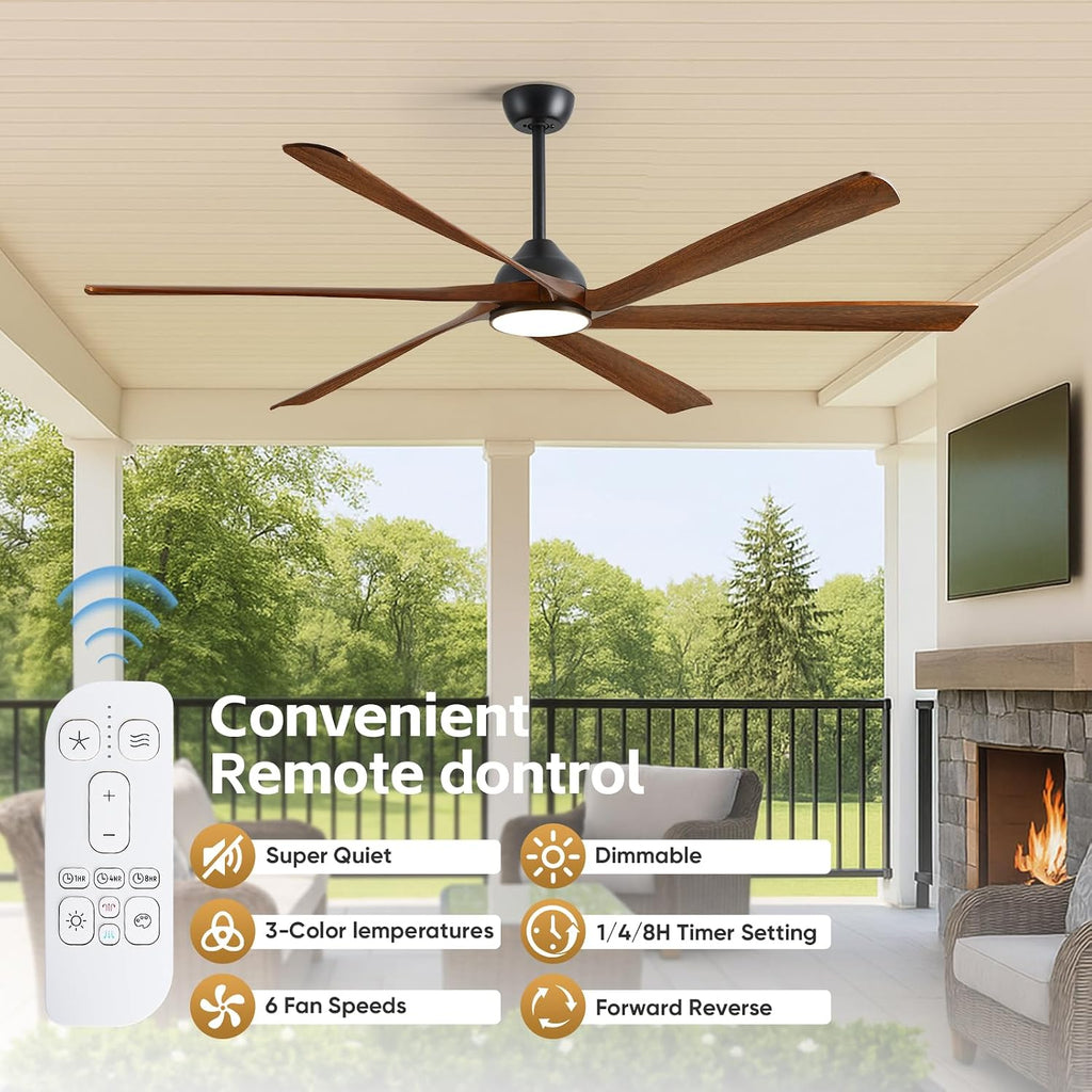 72 Inch Outdoor Ceiling Fan with Light, WiFi Smart Alexa/App/Remote Control, 6 Modern Farmhouse Solid Wood Blades, High CFM Reversible Quiet DC Motor, Damp Rated for Large Patios, Indoor High Ceiling