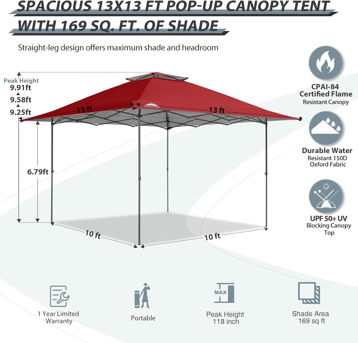 EAGLE PEAK 13x13 Straight Leg Pop Up Canopy Tent Instant Outdoor Canopy Easy Single Person Set up Folding Shelter w/Auto Extending Eaves 169 Square Feet of Shade (Red)