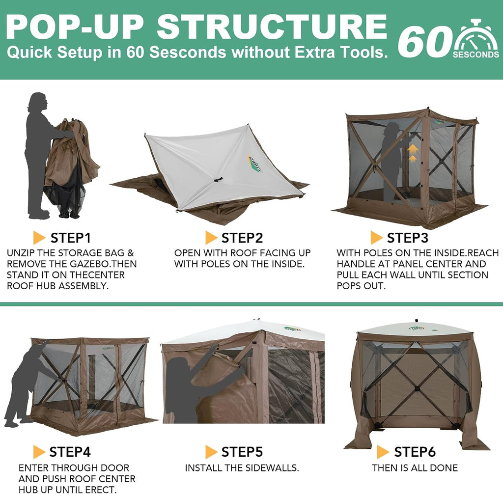 COBIZI 6x6 Pop up Gazebo Tent on Clearance, Ez up Waterproof Screen Tent Screen House with 3 sidewalls,Portable Outdoor Canopy with Carry Bag & Ground Stakes for Camping,Garden and Picnics, Brown