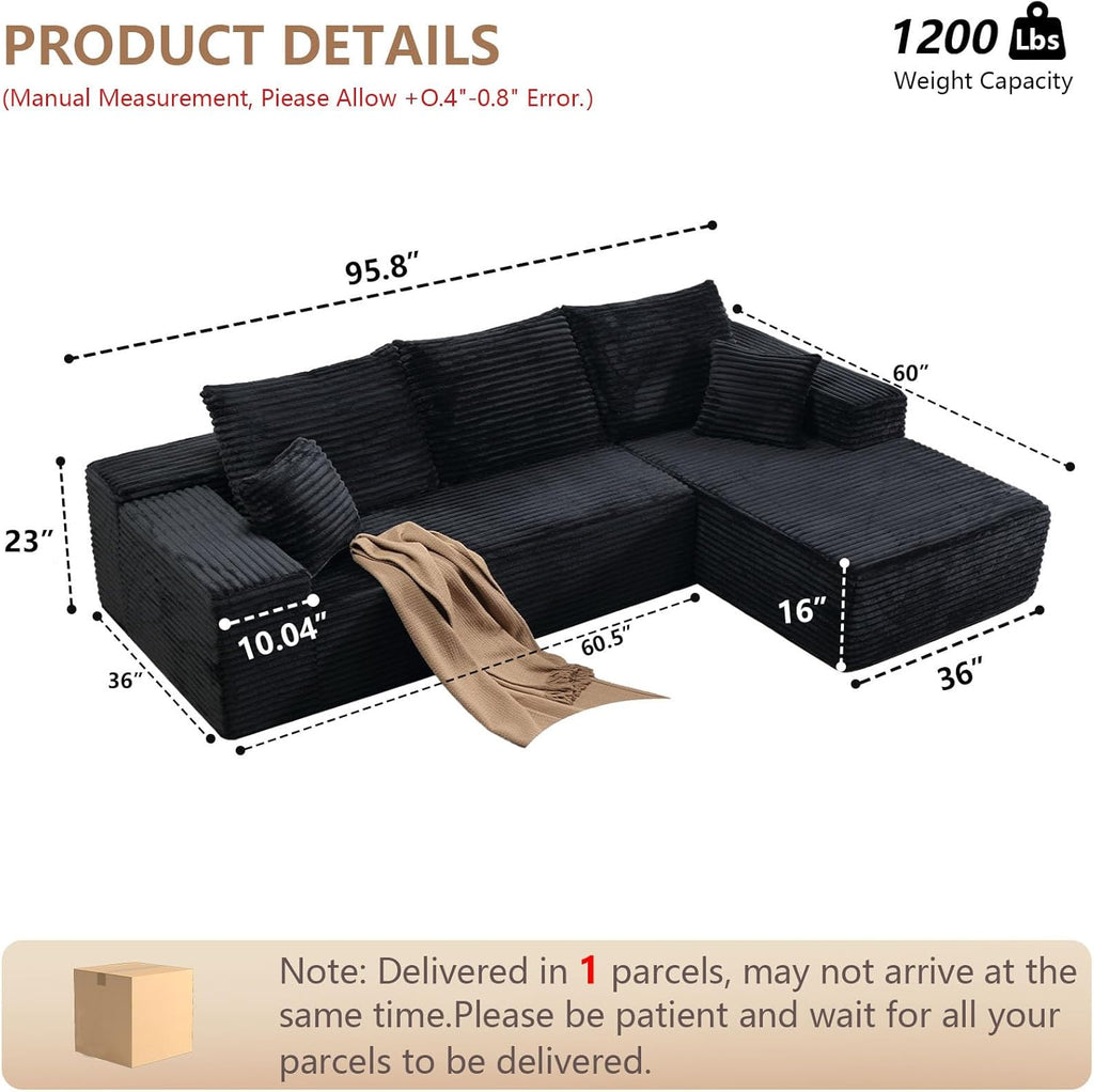 96' Modular Sectional Sofa, Modern Corduroy Cloud Couch with Deep Seat, Boneless Couch Upholstered 3-Seater L-Shaped Sofa for Living Room, No Assembly Required (Black, Right-Facing Chaise)