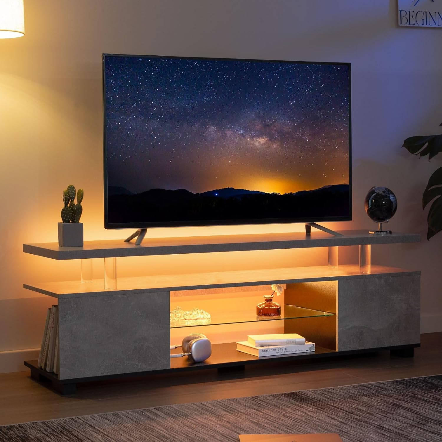 Cubehom Grey TV Stand, LED TV Stand Modern Entertainment Center for Living Room LED Console Table for TV LED TV Cabinet for 65 inch TV