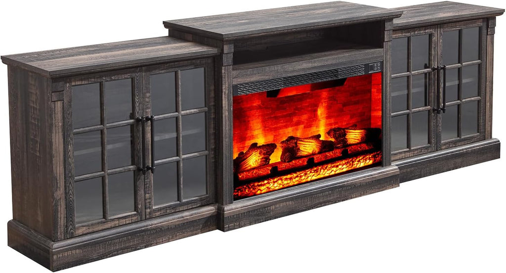 AMERLIFE 97' Farmhouse Fireplace TV Stand, Entertainment Center with Large Storage Space and Adjustable Shelf, Media Console for Living Room, Black