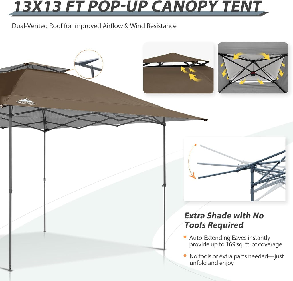 EAGLE PEAK 13x13 Straight Leg Pop Up Canopy Tent Instant Outdoor Canopy Easy Single Person Set up Folding Shelter w/Auto Extending Eaves 169 Square Feet of Shade (Brown)