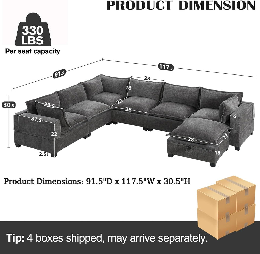 117' Oversized Modular Sectional Sofa with Movable Storage Ottoman, 7-Seat U-Shaped Cloud Couch with Deep Seats, Chenille Upholstered Corner Couch, Modern Sectional Couches for Living Room, Grey