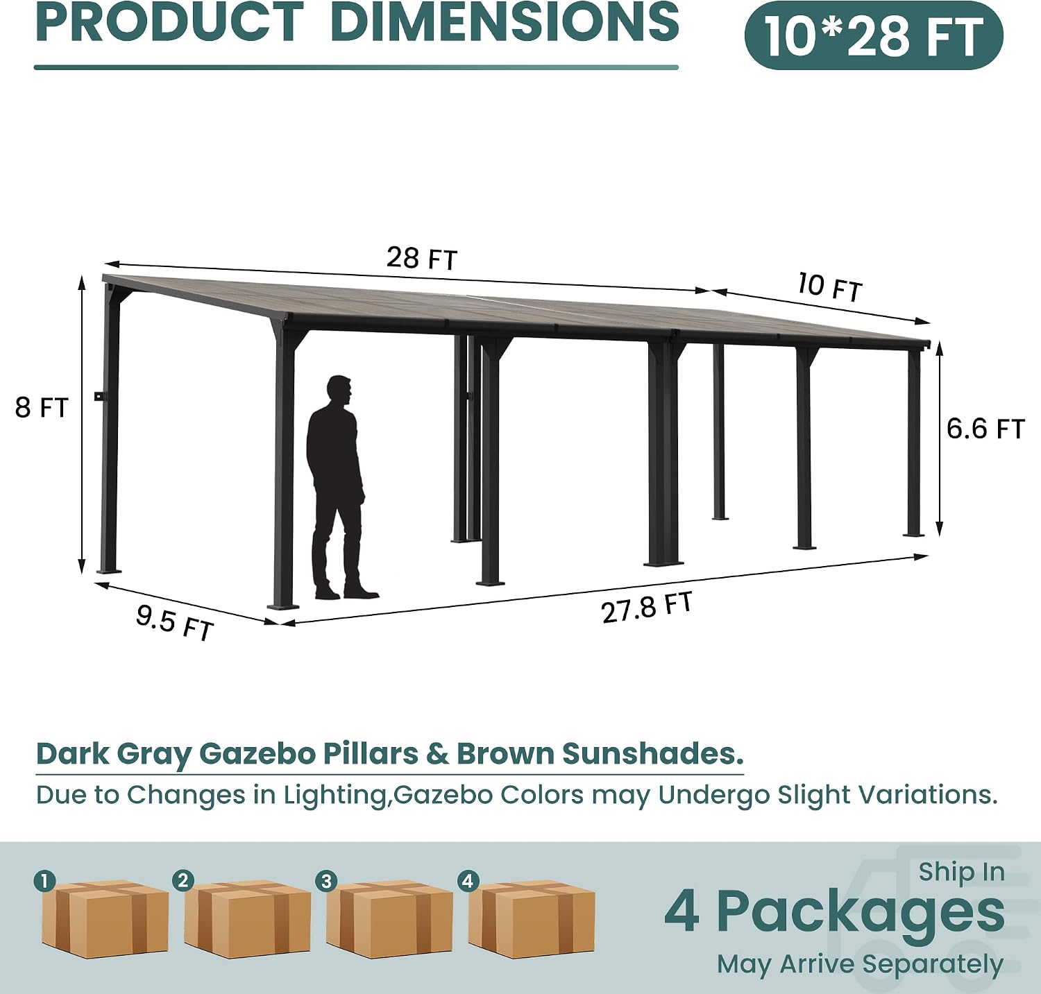 Pamapic 10 * 28FT Wall Mounted Gazebo,Hardtop Lean to Pergola,Outdoor Gazebo,Aluminum Frame Pergola,UV Resistant Polycarbonate Roof,Outdoor Patio Awnings for Deck,Backyard