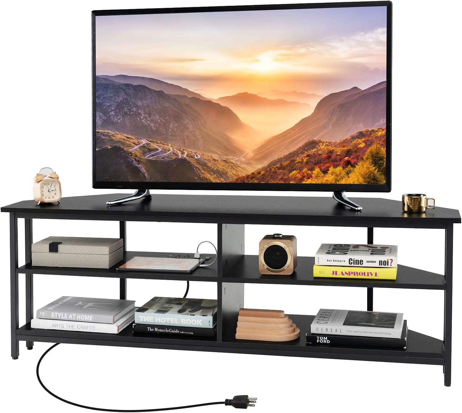 Tangkula Corner TV Stand for TVs up to 65', TV Console Table with 2 AC Outlets, USB A Port, USB C Port, Metal Frame & Storage Shelves, 55' Media Entertainment Center for Living Room