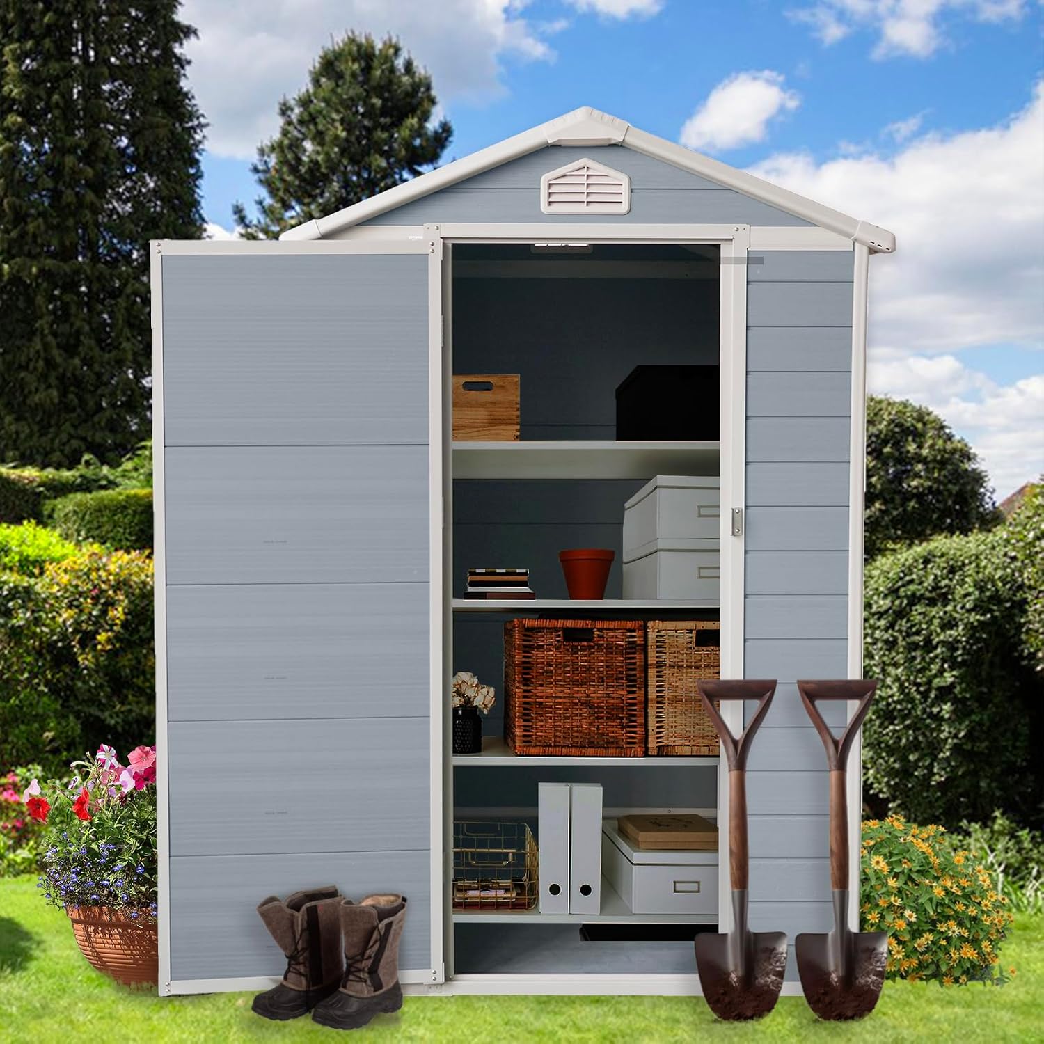 4x6 ft Outdoor Resin Storage Shed with Floor, Waterproof Plastic Garden Shed with Lockable Door and Windows, All-Weather Tool Sheds for Backyard, Patio, Lawn (Grey)
