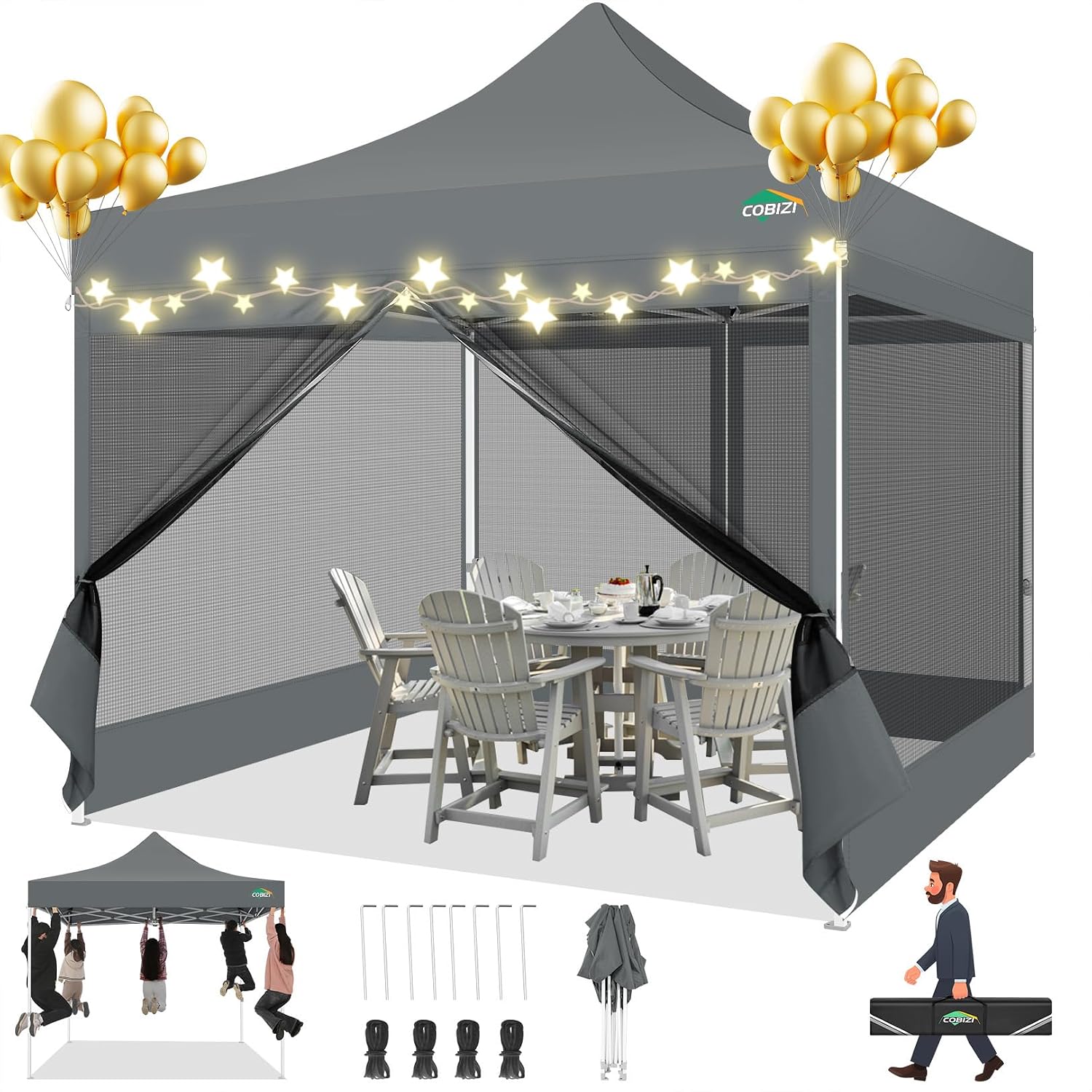 COBIZI 10x10 Canopy Tent with 4 Sidewalls,Heavy Duty Pop up Canopy with Mosquito Netting,Easy up Screen Tent for Parties Wedding Outdoor Camping with Handbag,Gray