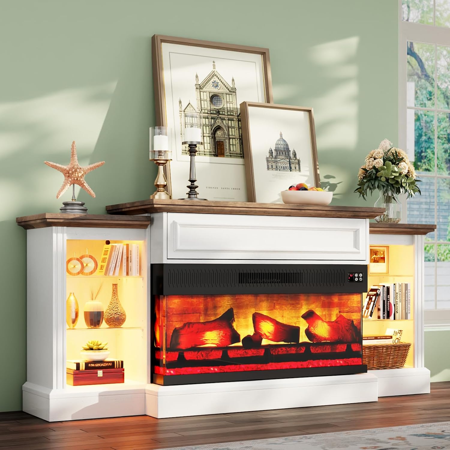 AMERLIFE 70' Fireplace TV Stand with Mantel, Farmhouse Wood Entertainment Center with 3-Sided Glass Fireplace for TVs up to 75', Adjustable Shelves & LED Lights, Distressed White