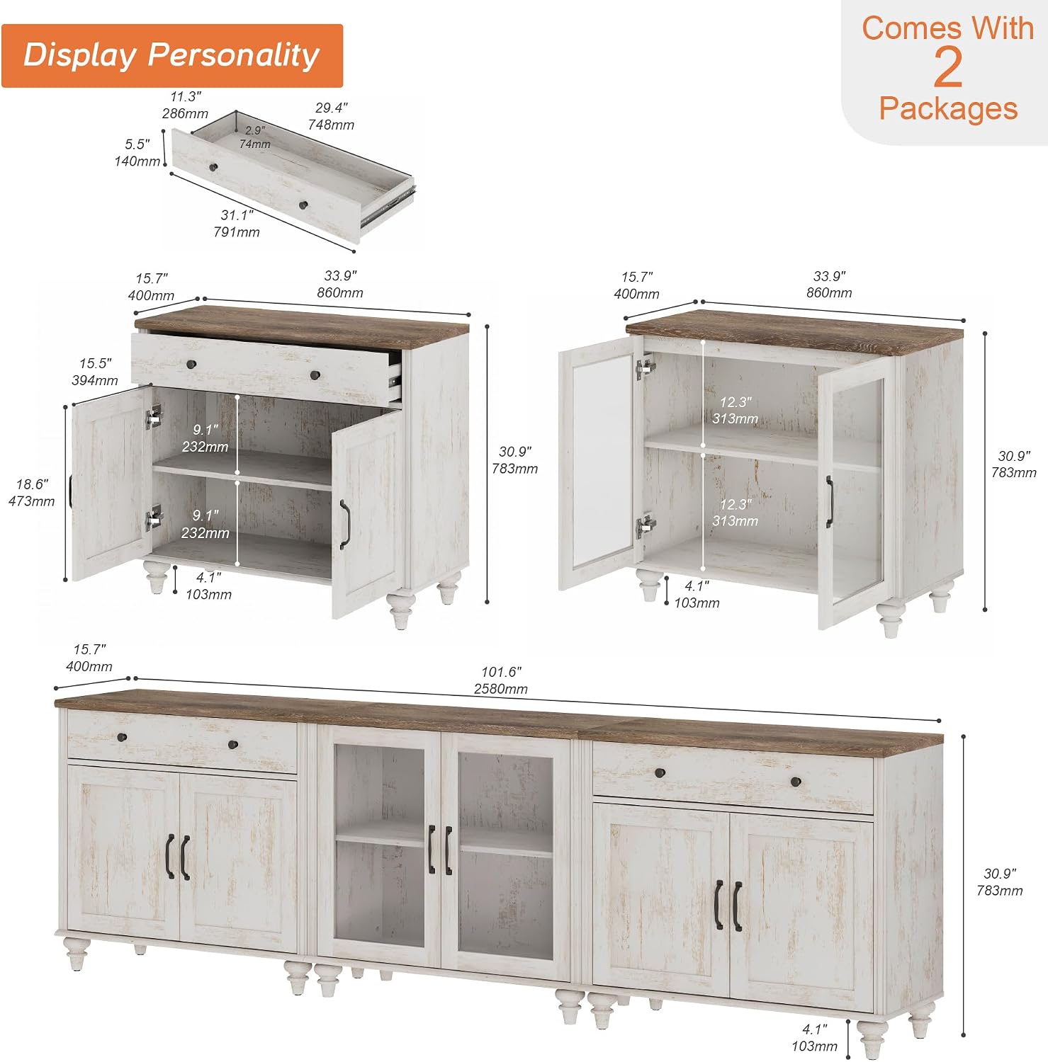 WAMPAT Farmhouse TV Stand for 100 Inch TV, 3-in-1 TV Console Table for 75/80/85/90 Inch TV, Entertainment Center with Glass & Wood Door, Kitchen Sideboard Buffet Cabinet for Living Room, Rustic White