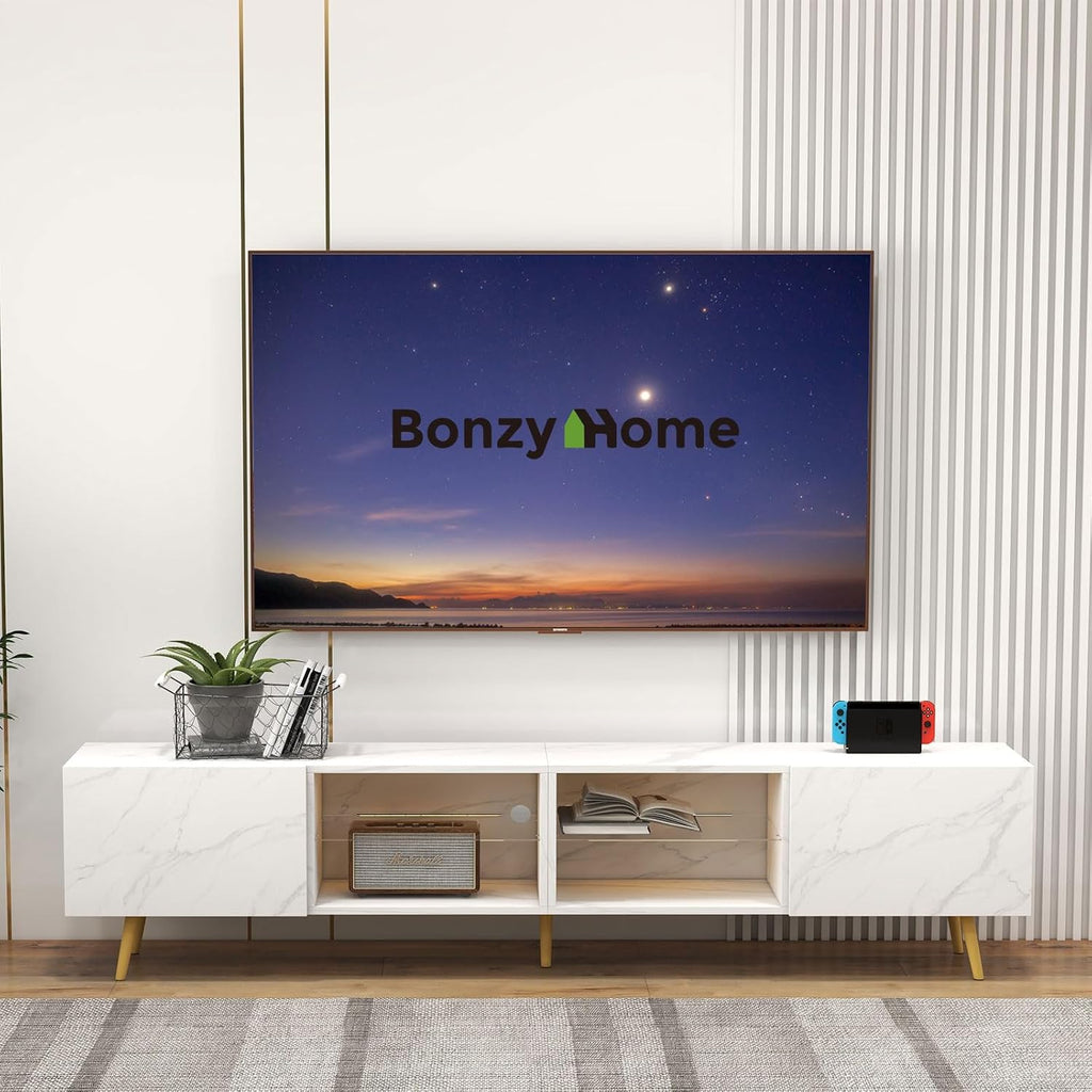 Bonzy Home 86' LED TV Stand, Modern Entertainment Center up to 75' TV, Television Console Table with Storage Cabinets for Living Room, White Marble