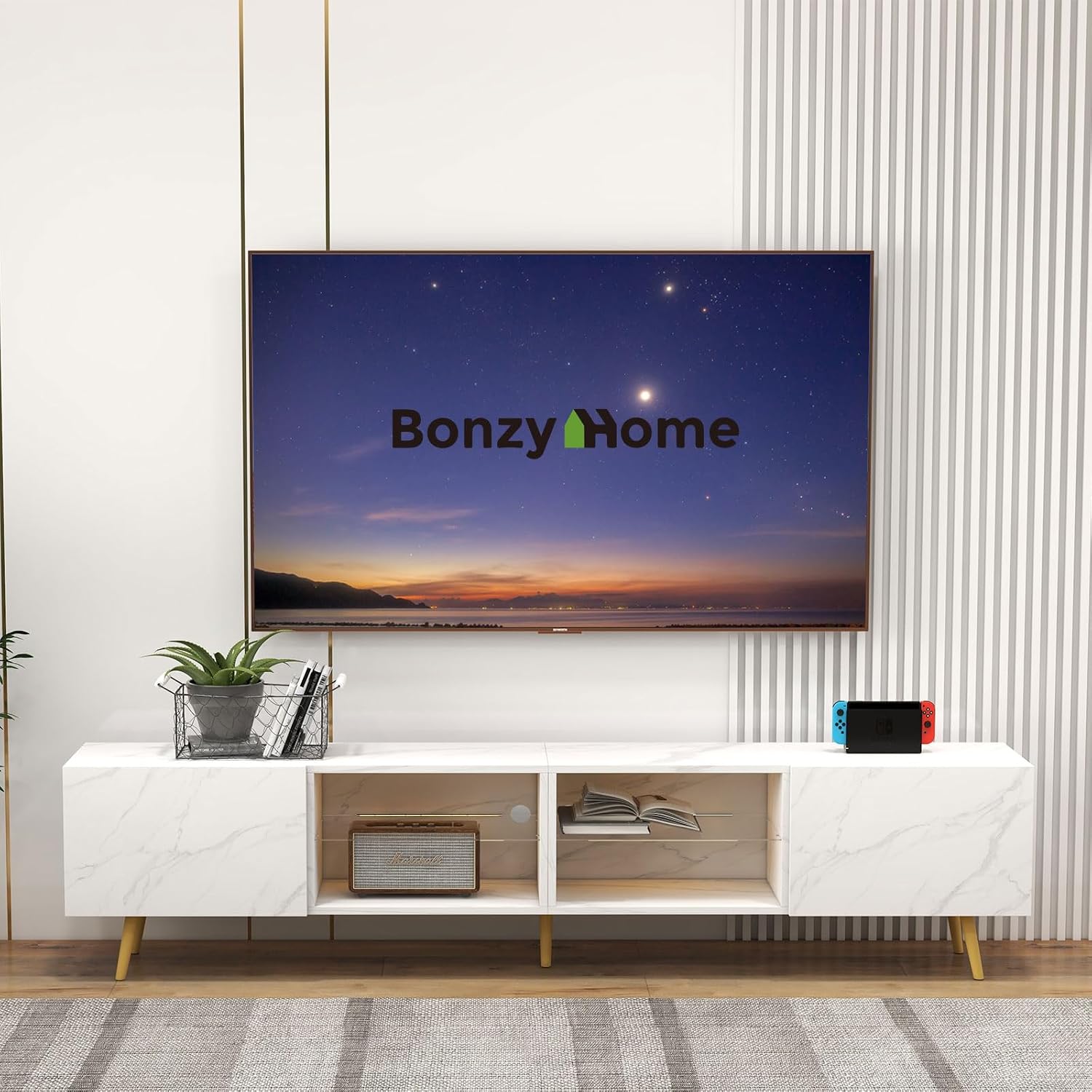 Bonzy Home 86' LED TV Stand, Modern Entertainment Center up to 75' TV, Television Console Table with Storage Cabinets for Living Room, White Marble