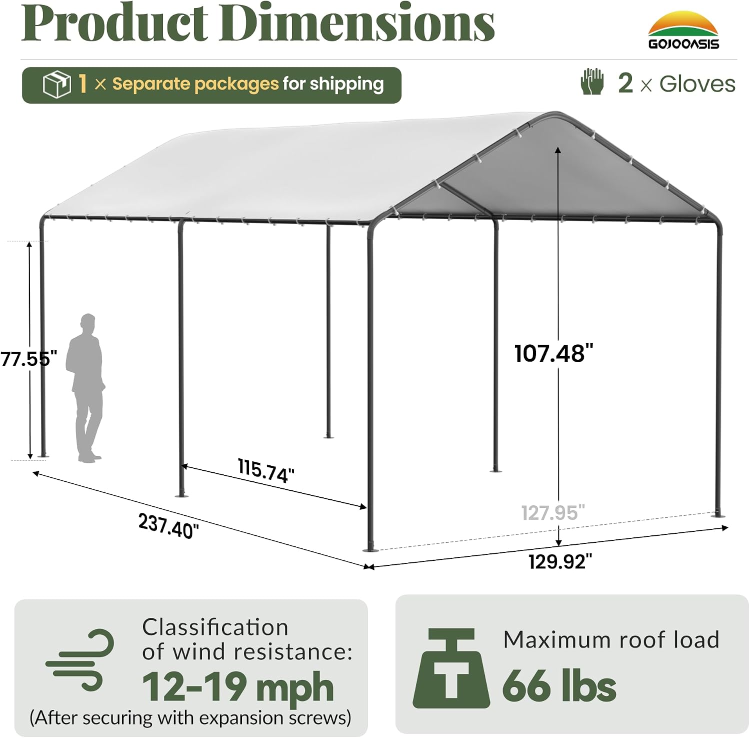 GOJOOASIS 10x20 Carport Heavy Duty Portable Garage Shelter Metal Car Canopy Tent with UV-Resistant & Weatherproof Top Cover for RV & Vehicles (White, 10x20 Without sidewalls)