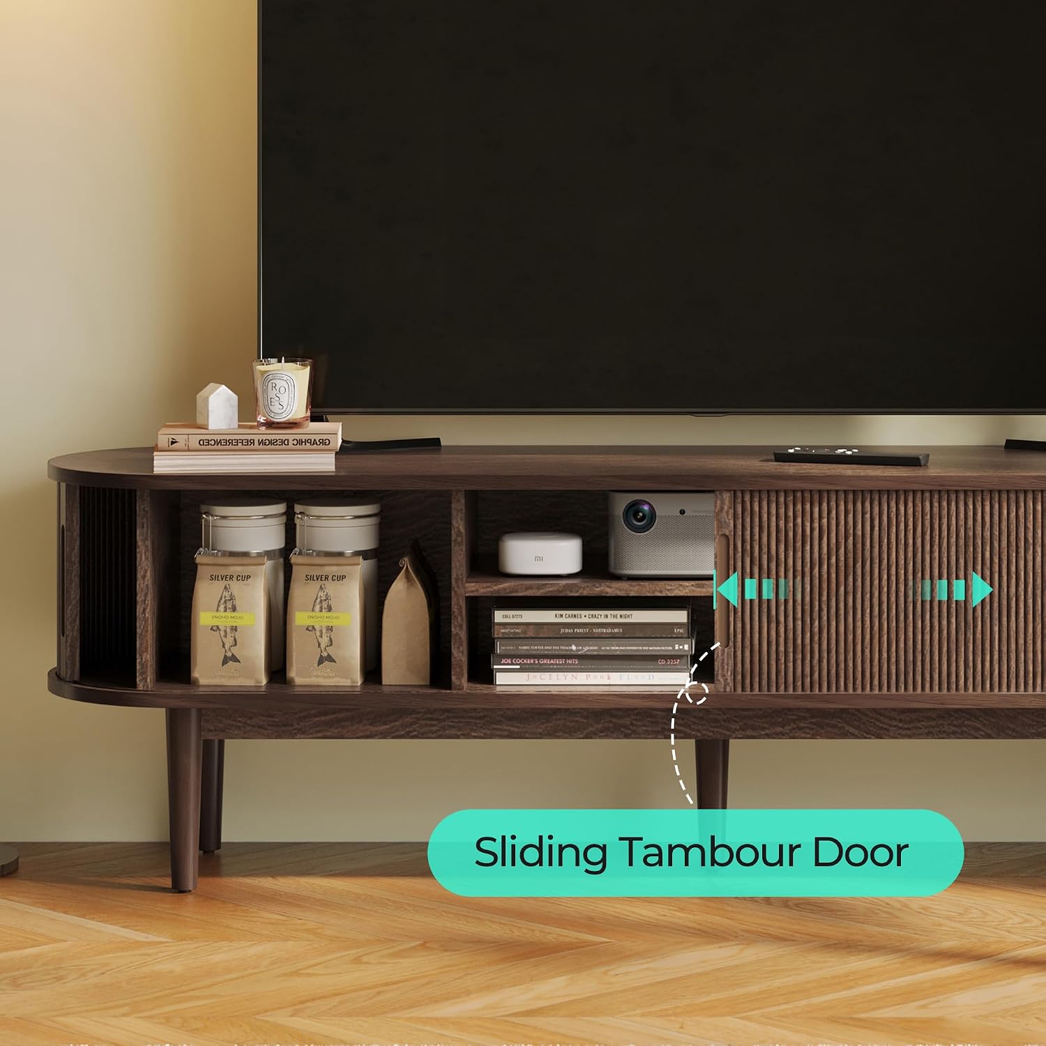 LINSY Home TV Stand for 65' TV, Mid-Century Modern 58' Entertainment Center with Sliding Tambour Door and Storage Cabinet, Cruved TV Media Console Table for Living Room, Bedroom, Walnut
