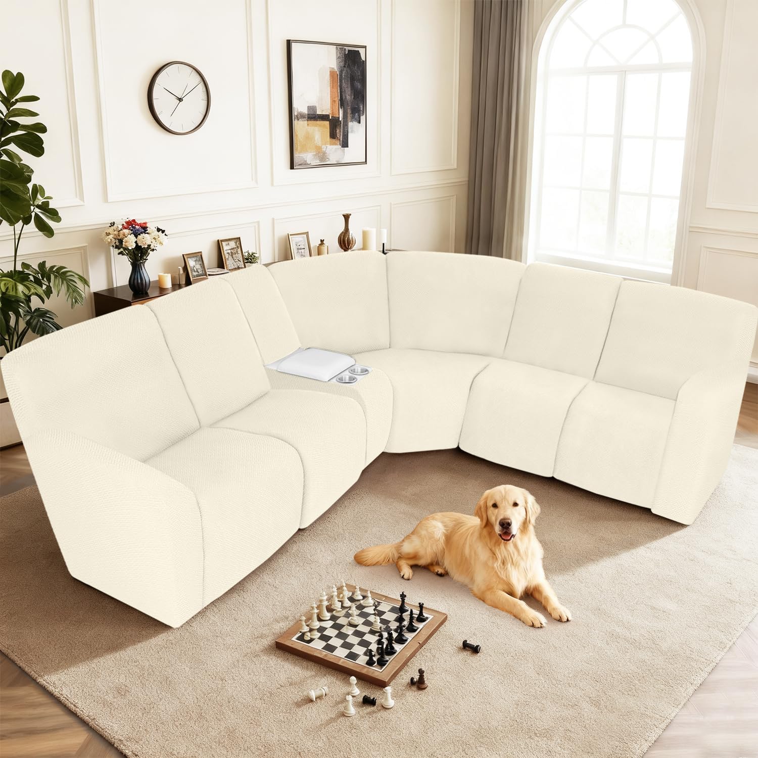 ALIECOM 100% Waterproof Recliner Sectional Couch Covers L Shape Stretch Corner Reclining Sectional Sofa Cover Washable Recliner Slipcover Protector for Dog Pet (5 Seat and 1 Console, Beige)
