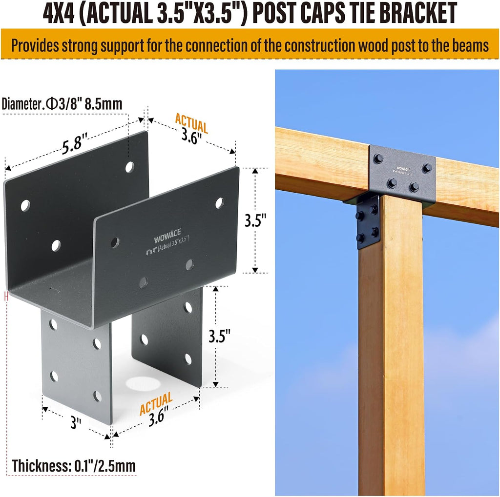 4pcs 4x4 (Actual 3.5'x3.5') Post Cap Tie Bracket, Heavy Duty Stainless Steel Wood Beam Support Bracket. for Gazebos, Patio Decks, and Porches Wood Post to Beam Support Connection (Dark Ggray)