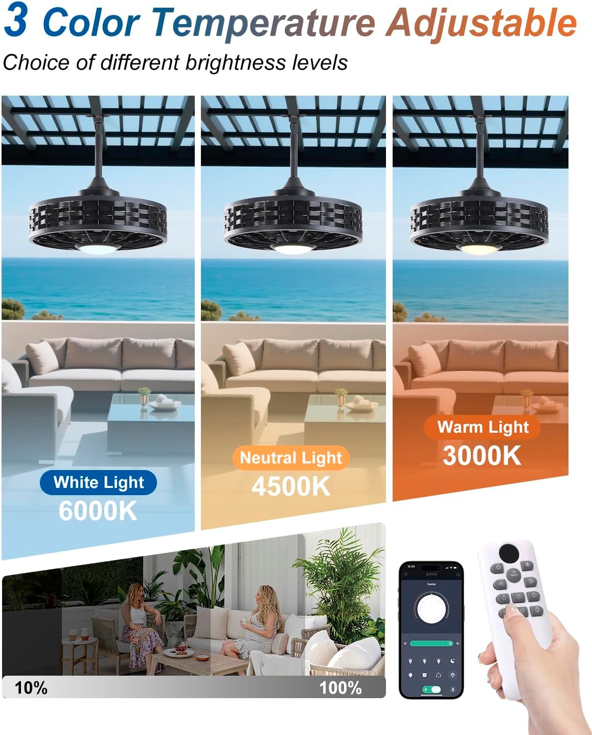 Outdoor Ceiling Fans with Light for Patios, 20' Weatherproof Gazebo Fan with Hanging Hook, Remote Control & APP, 6 Speeds, 3CCT, Caged Plug in Ceiling Fan for Patio