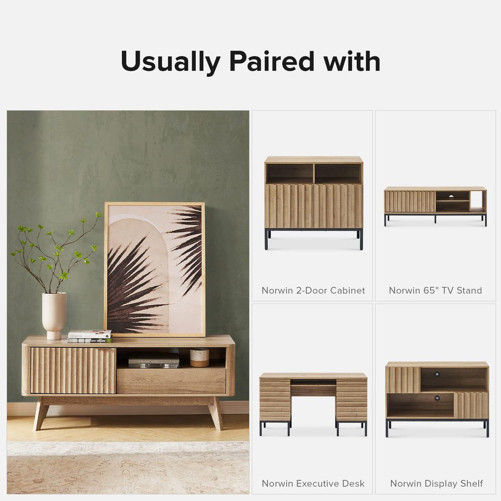 mopio Brooklyn Mid-Century Modern TV Stand, for TVs up to 50' / 59' Waveform Panel, Sleek Curved Profile with Adjustable Shelf and Sturdy Box Frame Leg (Golden Oak, 47')