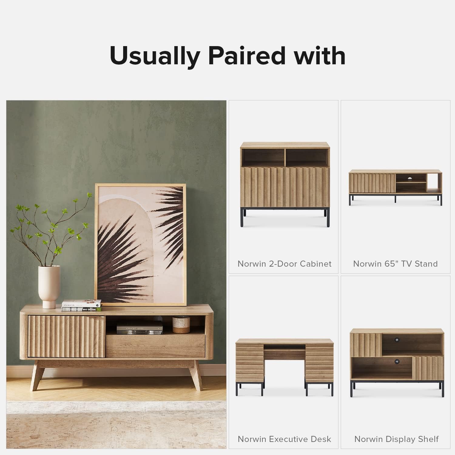mopio Brooklyn Mid-Century Modern TV Stand, for TVs up to 50' / 59' Waveform Panel, Sleek Curved Profile with Adjustable Shelf and Sturdy Box Frame Leg (Golden Oak, 47')