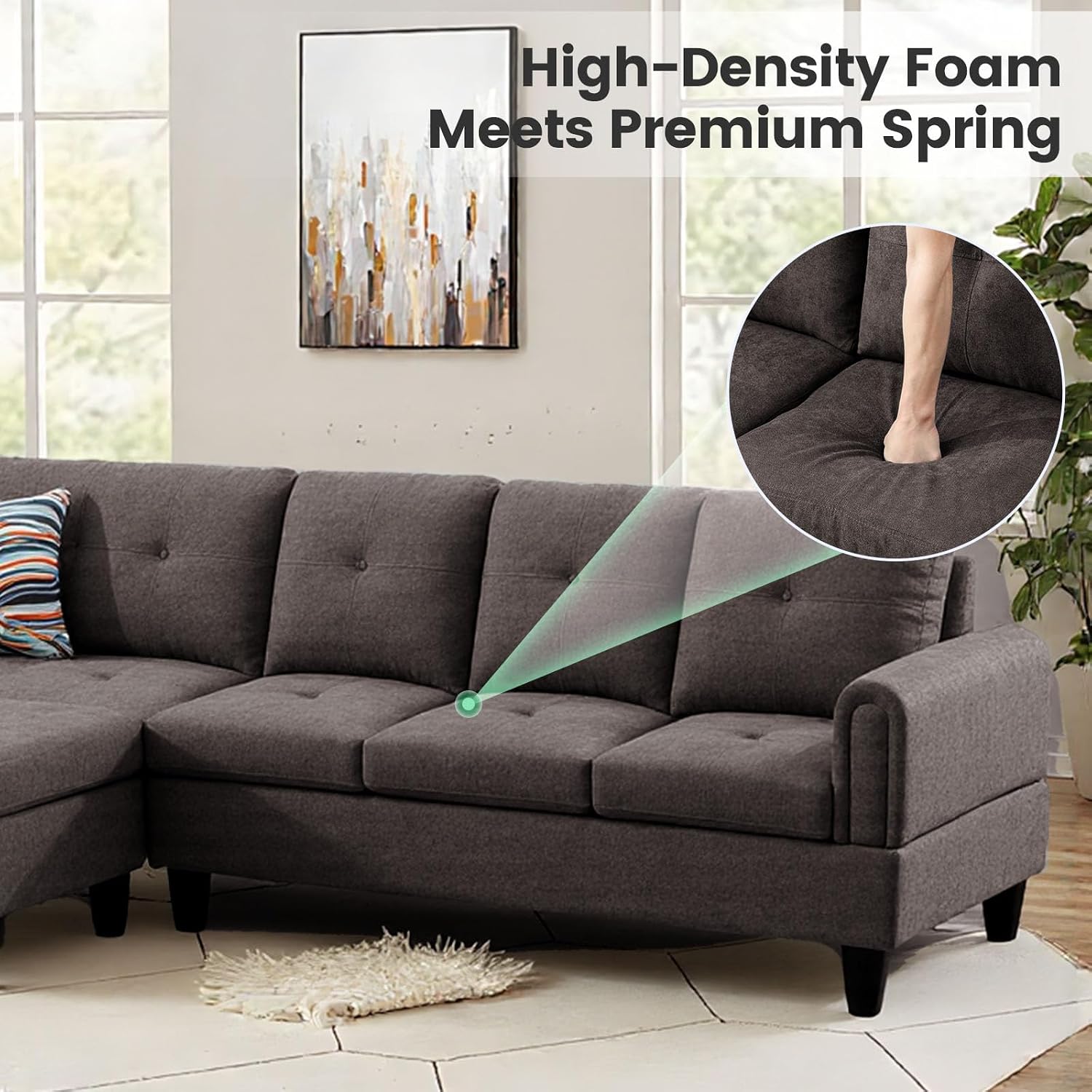 L Shaped Couch Sectional Couches with Chaise, Fluffy Fabric 3 Pieces Modular Convertible Sofa for Living Room Furniture Sets and Small Apartment, Dark Brown