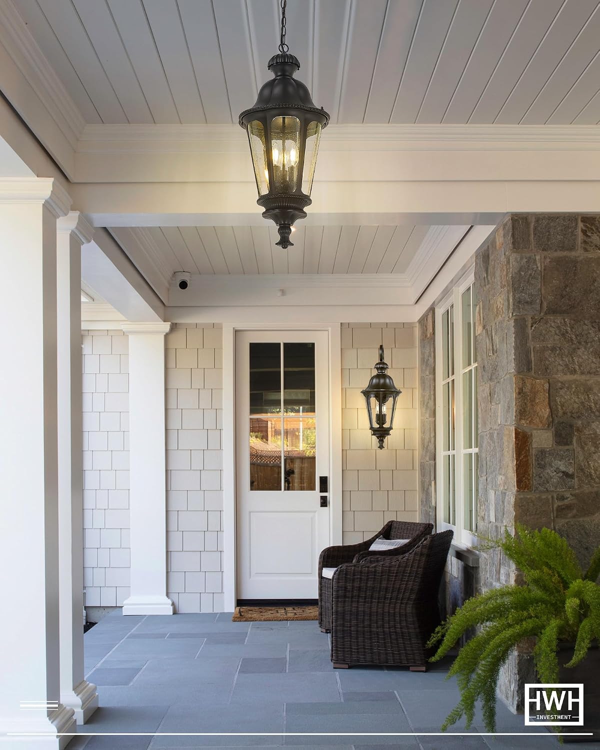 Outdoor Pendant Lights for Porch, HWH 26'' Large Exterior Hanging Light Fixtures with Seeded Glass, Outdoor Hanging Chandelier for Porch Patio Gazebo Hallway, Matte Black Finish, 5HW90H-L BK