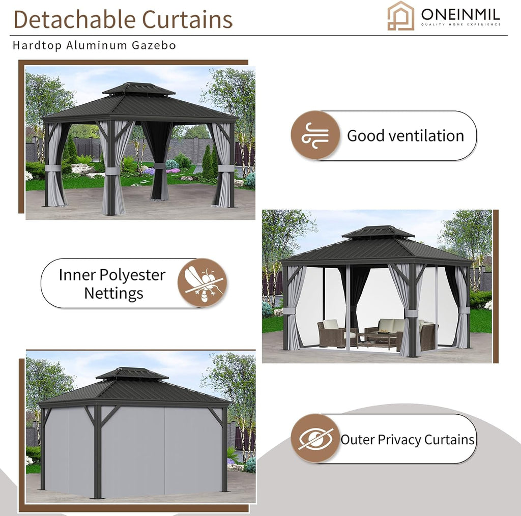 oneinmil 10' x 12' Hardtop Gazebo, Galvanized Steel Double Roof, Aluminum Frame Outdoor Metal Gazebo with Privacy Curtains and Mosquito Netting, for Gardens, Patios, and Lawns
