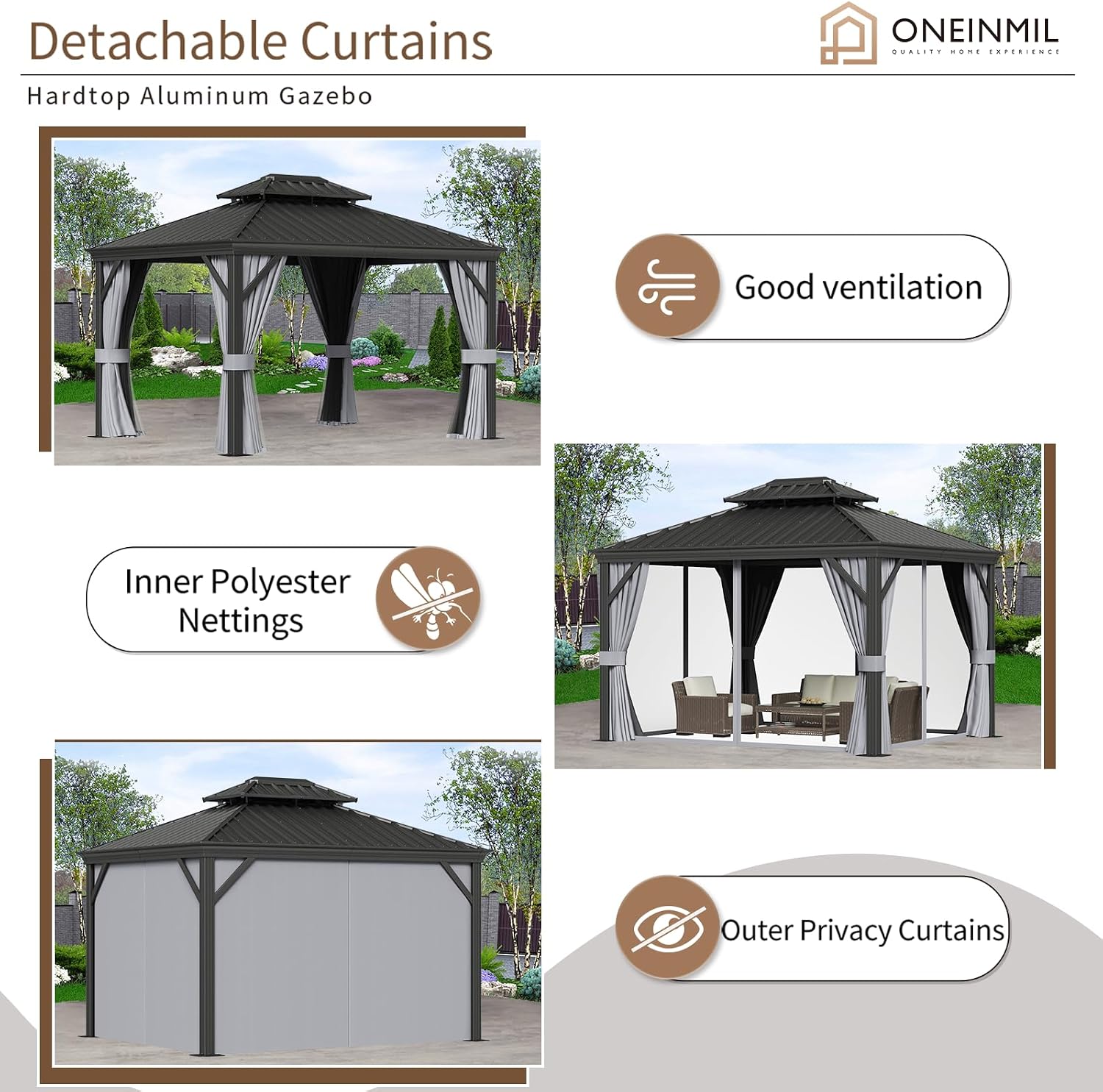 oneinmil 10' x 12' Hardtop Gazebo, Galvanized Steel Double Roof, Aluminum Frame Outdoor Metal Gazebo with Privacy Curtains and Mosquito Netting, for Gardens, Patios, and Lawns