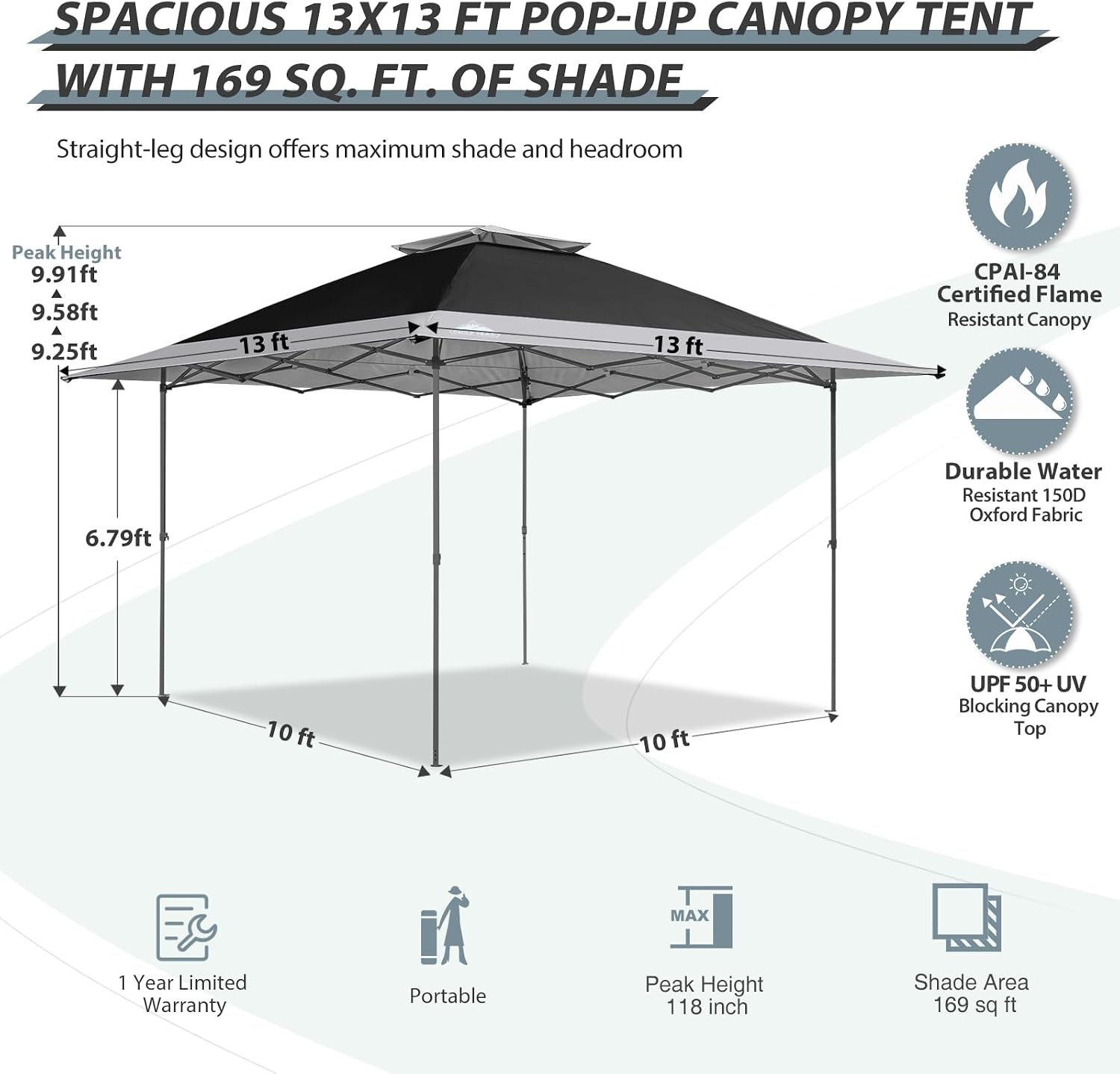 EAGLE PEAK 13x13 Straight Leg Pop Up Canopy Tent Instant Outdoor Canopy Easy Single Person Set up Folding Shelter w/Auto Extending Eaves 169 Square Feet of Shade (Black/Light Gray)