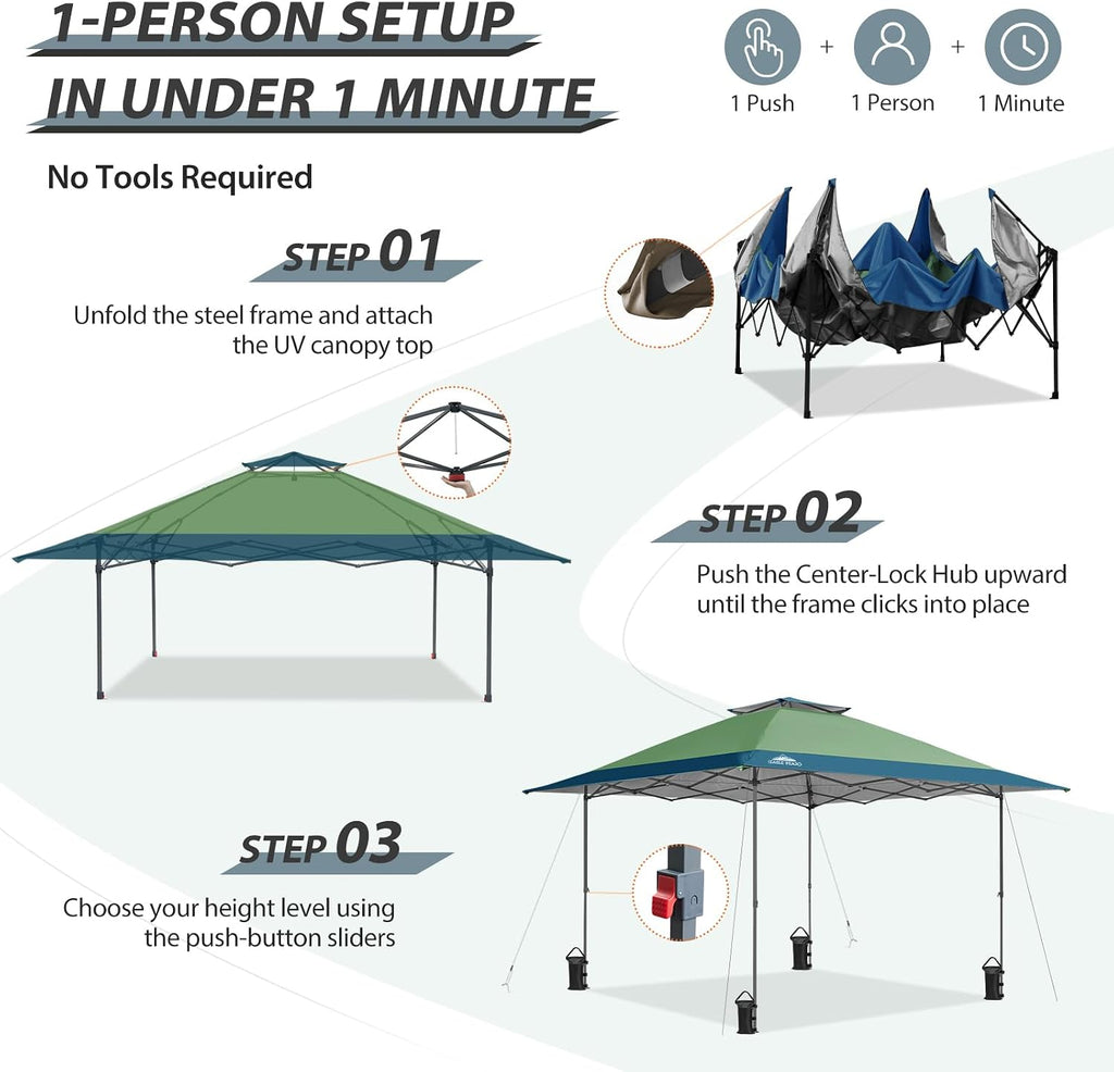 EAGLE PEAK 13x13 Straight Leg Pop Up Canopy Tent Instant Outdoor Canopy Easy Single Person Set up Folding Shelter w/Auto Extending Eaves 169 Square Feet of Shade (Light Green/Blue)