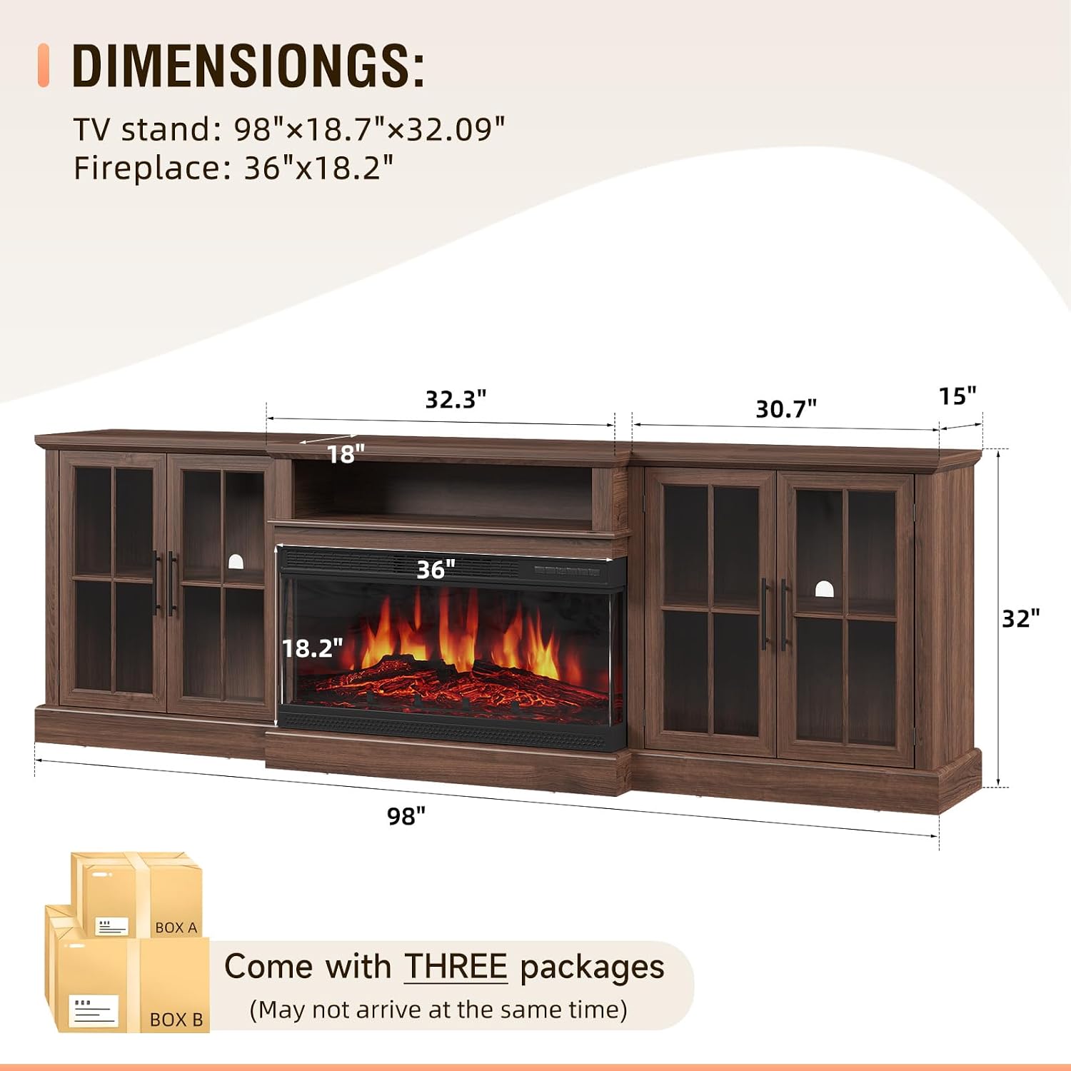 98' Farmhouse TV Stand with 36' Fireplace for TVs up to 100', Media Entertainment Center with Adjustable Shelves and Large Storage Cabinets, for Living Room, Brown & Black