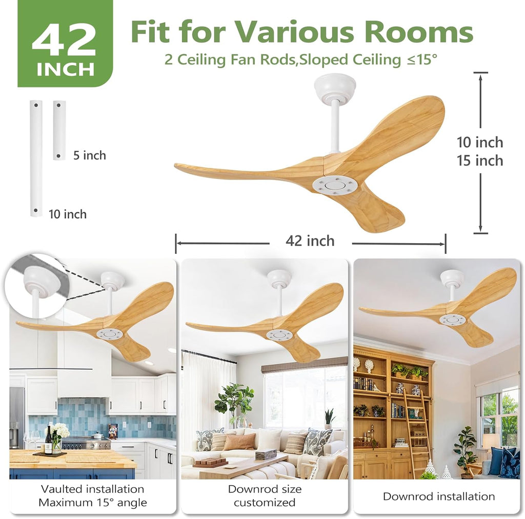 42 Inch Solid Wood Ceiling Fan No Light,Propeller Outdoor Ceiling Fans Without Lights with Wall Switch and Remote Control,Quiet DC Motor,3 Blades Ceiling Fan for Patios,Living Room,Bed Room