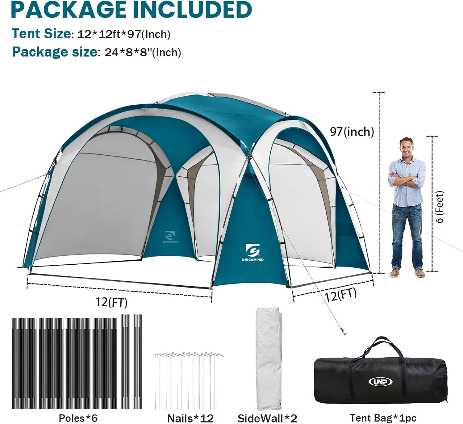 UNICAMPER Beach Tent 12 X 12ft Large UPF50+ Pop Up Canopy with 2-Pcs Side Wall