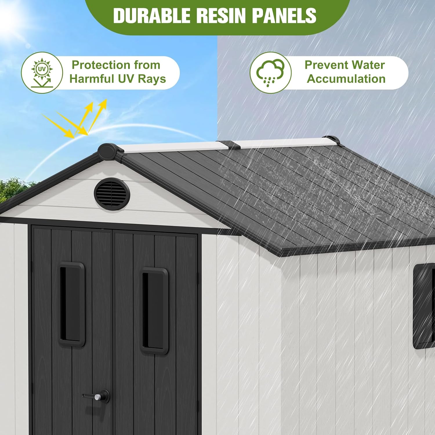 COOS BAY 8x8 Outdoor Storage Shed with Floor, Lockable Doors, All-Weather Resin Garden Tool Shed, White/Gray