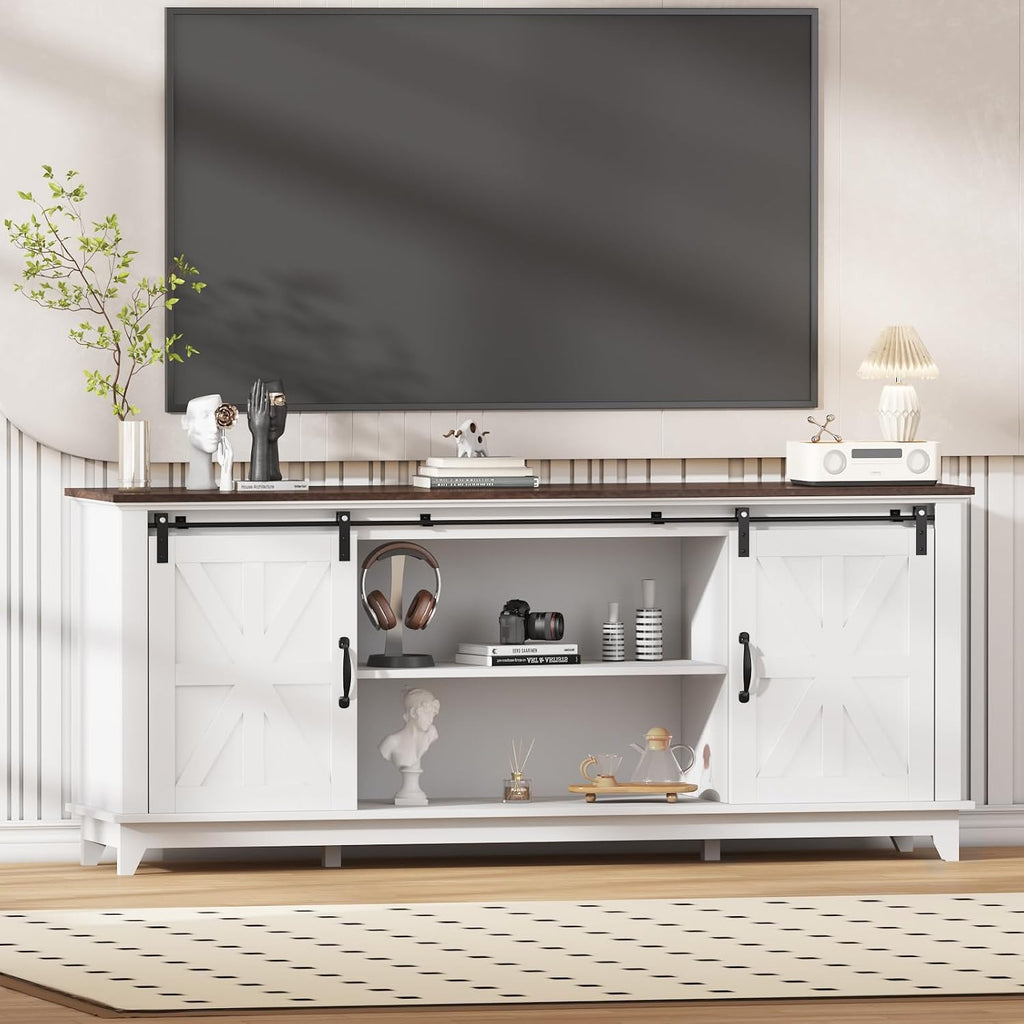 Garvee Home Farmhouse TV Stand for 75 in Television, Wood Entertainment Center with Storage & Barn Doors, Adjustable Shelf Media TV Console Table Cabinet for Living Room, 66 in Large, White