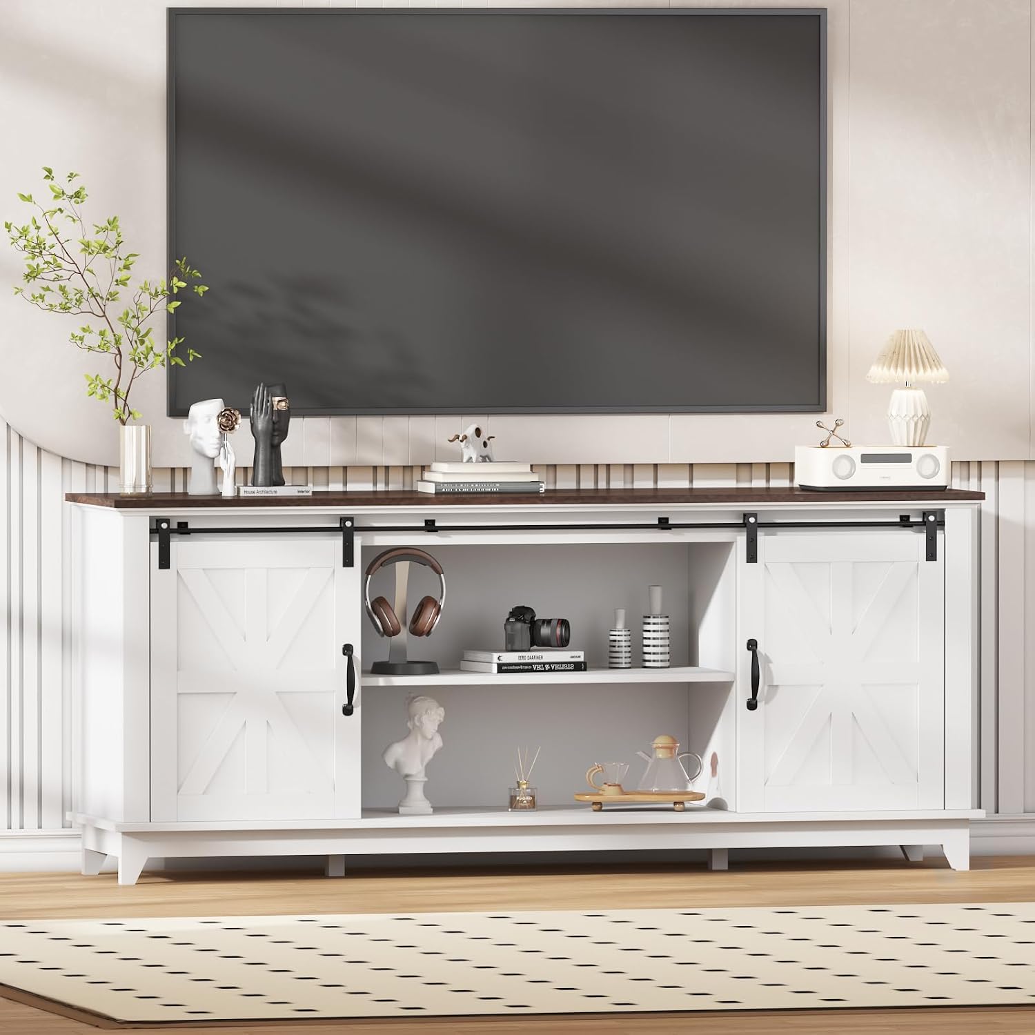Garvee Home Farmhouse TV Stand for 75 in Television, Wood Entertainment Center with Storage & Barn Doors, Adjustable Shelf Media TV Console Table Cabinet for Living Room, 66 in Large, White